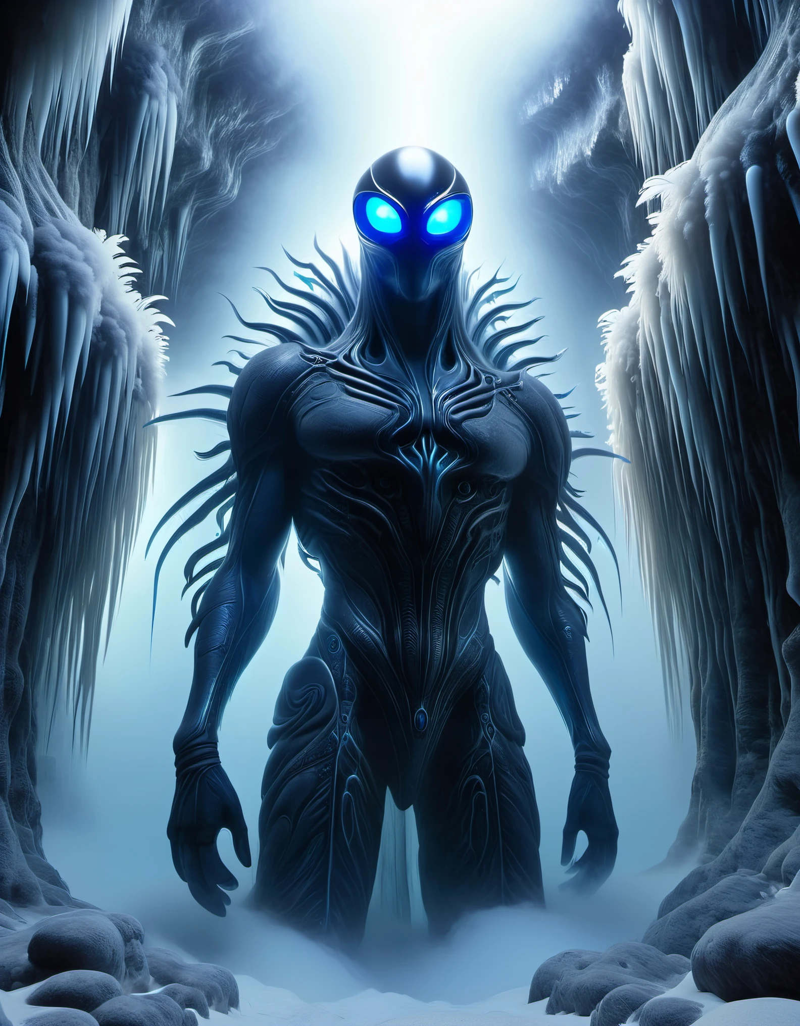 Looking up, (giant transparent alien creature), this creature has a tall and towering body, covered in a hood, and a robust body covered in a large amount of white and dark mist, thick fog, blue glowing eyes with biochemical mutated nuclei, grotesque, bioluminescent bioluminescent, Zdzistaw Beksinski, H R Giger, Webbed Feet webbed tentacles, Rudimentary Wings missing wings, Erratic irregular, wrinkled, Microbiology, Phosphorescent phosphorescent, scaly, Camouflaging disguised, in the style of semi transparent resin waves, bryce 3D, mural like composition, weathered materials, luminous, complex mesh, lightbox, made of feathers
Background: Giant ice walls towering, overgrown vegetation in Overtown Vegetation, eerie silence in Eerie Silence, neon neon, fluorescent fluorescence,
Reflective, high detail, surreal, 3D rendering, explosive coverage, bokeh, Dense fog, lightning, blue light, from below, upside down, chiaroscuro, UHD, masterpiece, super detail, high details, high quality, award winning, best quality, highres, 16k,