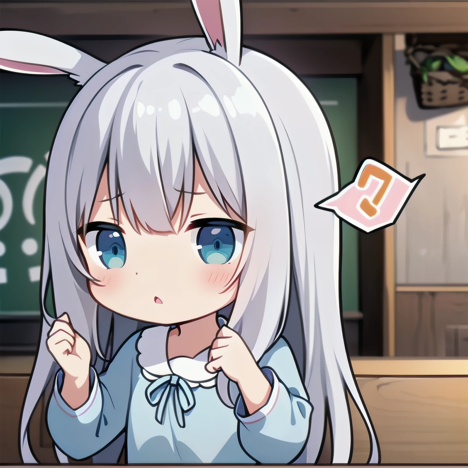 (In 8K, best quality, muste piece:1.2)、ultra high resolution、chibi,whole body,1 cute girl,ultra-detailed face, (hands up, elbows on table, face palm),silver hair,(droopy rabbit ears),drooping ears,messy hair,BREAK,light blue eyes,pink kindergarten uniform smock,Stunned,BREAK,stuffed toy,detailed hand fingers,looking at viewer,professional writing,Kindergarten indoors