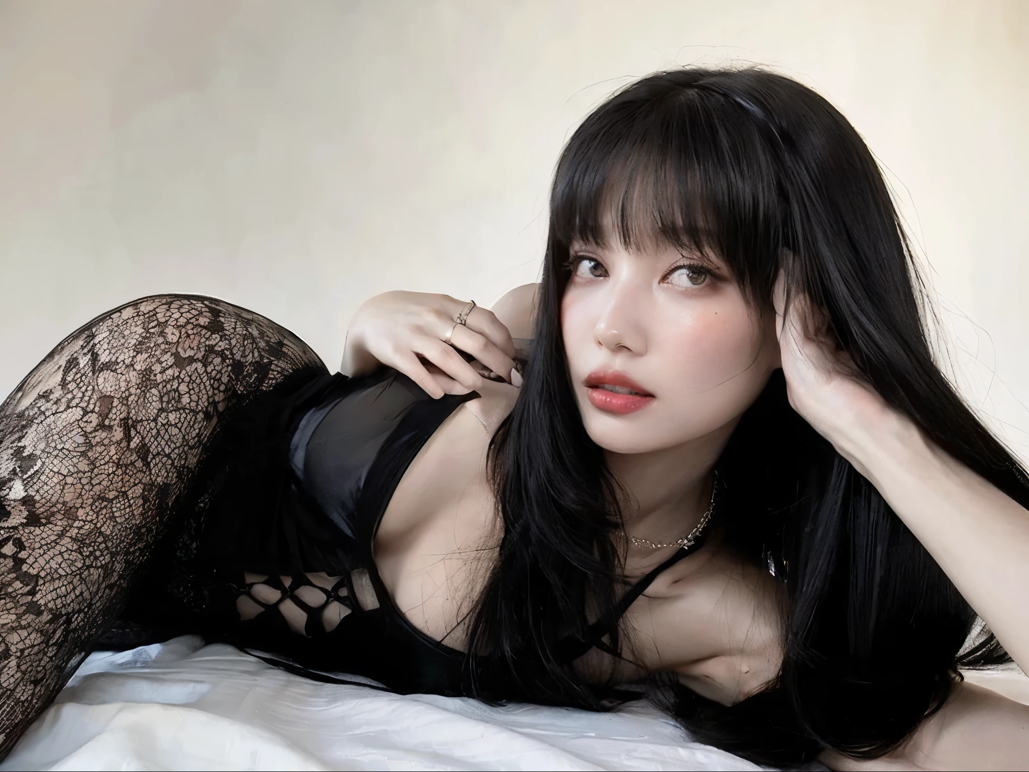 there is a woman lying on a bed wearing a black dress, she has black hair Com franja, franja preta, long black hair Com franja, cabelo preto com franja, long dark hair Com franja, com franja completa, cabelo preto e franja branca, Com franja, with pale skin, long hair com franja completa, Franja Betty Page, black wavy hair Com franja