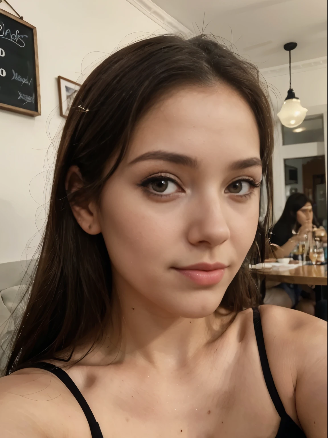 Foto de uma mulher linda mulher loira de 20 anos, que tem um rosto muito natural, labios finos, olhos finos, Sobrancelhas finas, nariz fino, brincos, Long eyelashes. She takes a cute selfie in a cafe that is super realistic and very detailed.