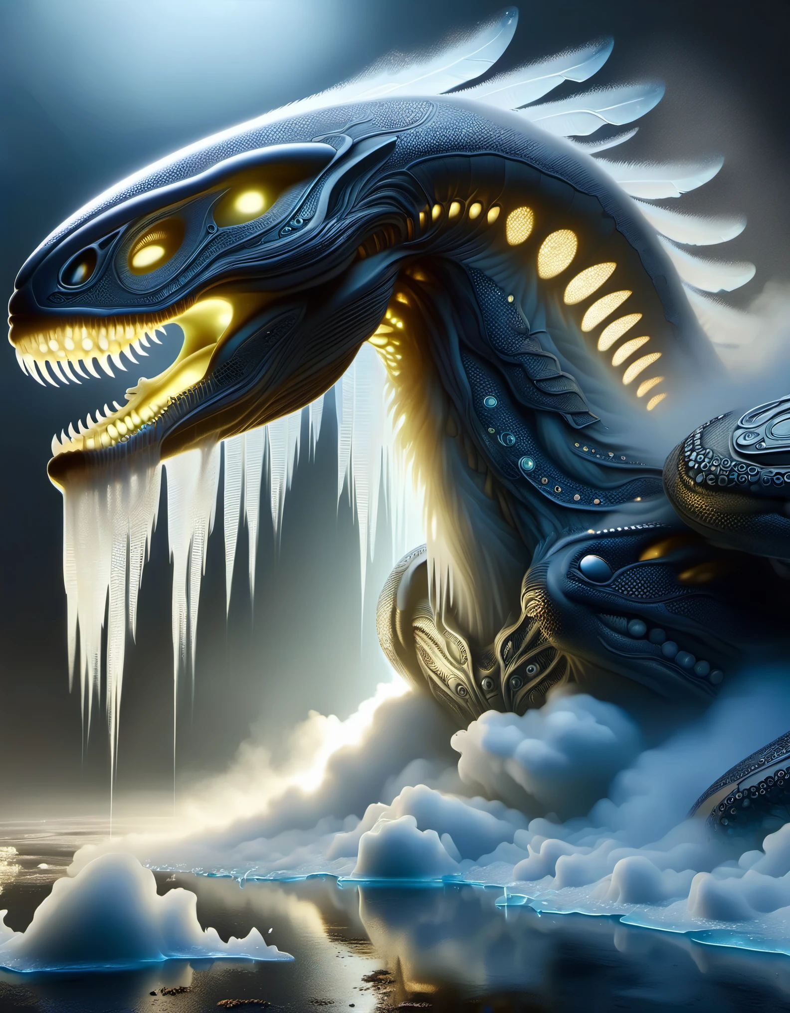Looking up, (giant  mutated creature), this creature has short legs, a lot of dark mist, thick fog, night sky, biochemical mutated nucleus, Teratoid teratoid shape, Grotesque bizarre, Bioluminescence bioluminescent, Zdzistaw Beksinski, Webbed Feet webbed tentacles, Jerky twitching, Slithering winding crawling, Erratic irregular, Wrinkled wrinkled, Microbiology microbiology, There are several wired lighting fixtures in a semi  resin wave style, bryce 3D, with mural like composition, weathered materials, glowing sfumato, reflection, high detail, surreal 3D landscape style, complex mesh, lightbox, made of feathers, nyc explosion coverage, interesting character design, bokeh, dense fog,
From below, upside down, chiaroscuro, UHD, masterpiece, super detail, high details, high quality, award winning, best quality, highs, 16k,
