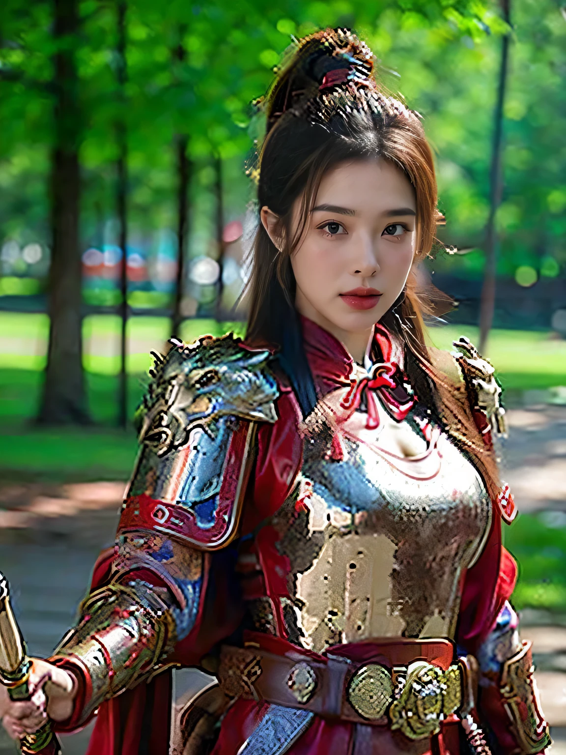 masterpiece，Best quality，HD quality，face close-up，（Detailed sculpting of eyes），Laugh，（corners of mouth raised），8K，Ancient battlefield background, ((field：1.8))，(Female generals on the battlefield in the Han Dynasty)，Lead the horse，18-year-old girl，（long ponytail hairstyle)，cparted lips，Full and erect breasts，Chinese architecture,red cloak，The combination of white metal and red leather，chest armor，（（Cool and gorgeouig breasts))，Chest groove，Three Kingdoms character painting style，Photo pose，oc render reflection texture，Head-up shot，bright afternoon，woodland background
