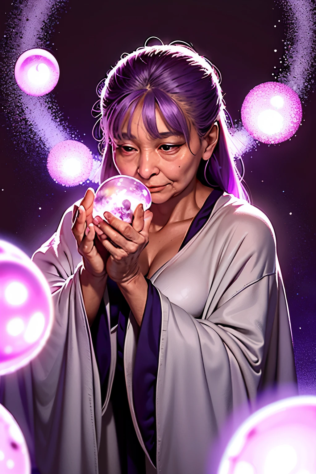 In the heart of a dimly lit room, an elderly woman clad in a worn bathrobe stands before an energized crystal ball. The air around her crackles with an ethereal purplish-purple glow. Her hands, trembling with age but still steady, rest upon the crystal's smooth surface. The room, shrouded in darkness, enhances the mystical aura that envelopes the scene. Every detail, from the creases in her bathrobe to the furrows on her wrinkled face, is rendered in exquisite detail under the low, warm lighting. Her eyes, sharp and alert, focus intently on the crystal ball, her expression a perfect blend of wisdom and determination