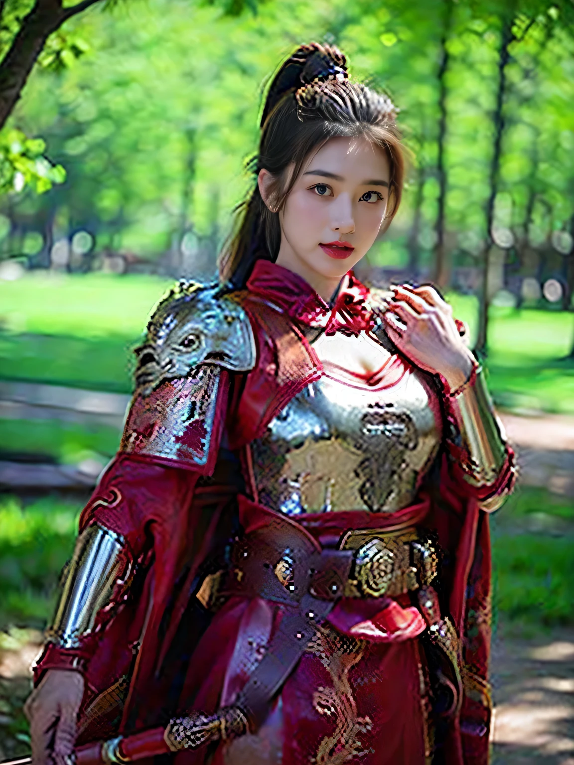 masterpiece，Best quality，HD quality，face close-up，（Detailed sculpting of eyes），Laugh，（corners of mouth raised），8K，Ancient battlefield background, ((field：1.8))，(Female generals on the battlefield in the Han Dynasty)，Lead the horse，18-year-old girl，（long ponytail hairstyle)，cparted lips，Full and erect breasts，Chinese architecture,red cloak，The combination of white metal and red leather，chest armor，（（Cool and gorgeouig breasts))，Chest groove，Three Kingdoms character painting style，Photo pose，oc render reflection texture，Head-up shot，bright afternoon，woodland background