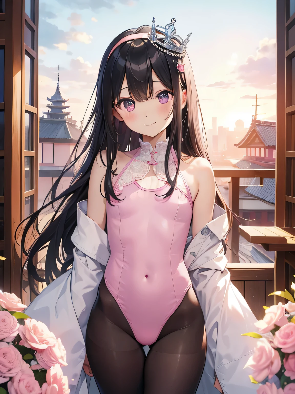 highest quality、best image quality、beautiful eyes、very delicate and beautiful、beautiful eyes、pink eyes、I、I、11 year old girl、Japanese、、Chiquita、Noble、primary school student、black hair、barefoot、(judo)、(((The lower body is a pink leotard)))、(High leg)、tiara on head、dull smile、standing and facing forward、The background is inside the hotel