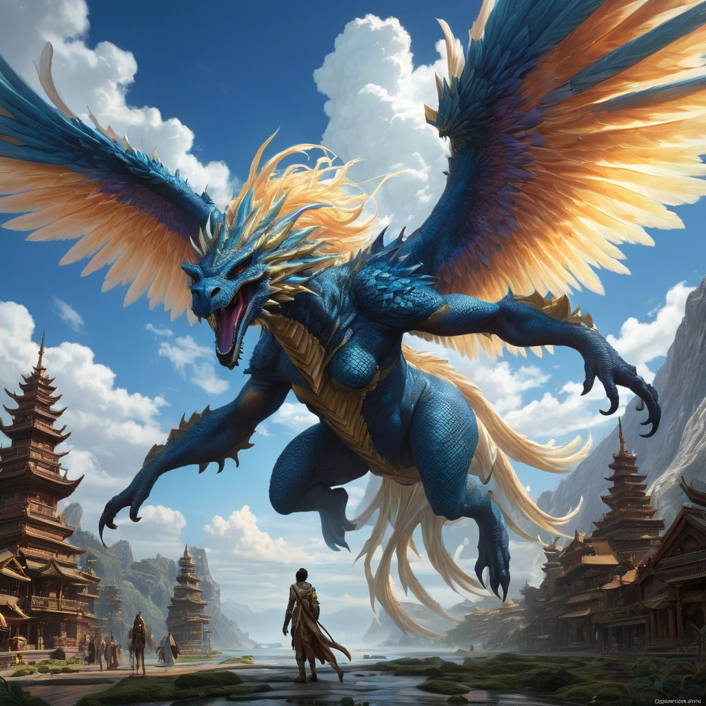 Giant creature, aesthetic, extremely detailed, Giant Creature, Mage, Angel, Detailed, a masterpiece digital painting by Greg Rutkowski and James Gurney, trending on Artstation, tube casting, angels are flying,  Creature, Monster Hunter Illustrations art book, giant, Moebius, Greg Rutkowski, Zabrocki, Karlkka, Jayison Devadas, Phuoc Quan, trending on Artstation, 8K, ultra wide angle, zenith view, pincushion lens
