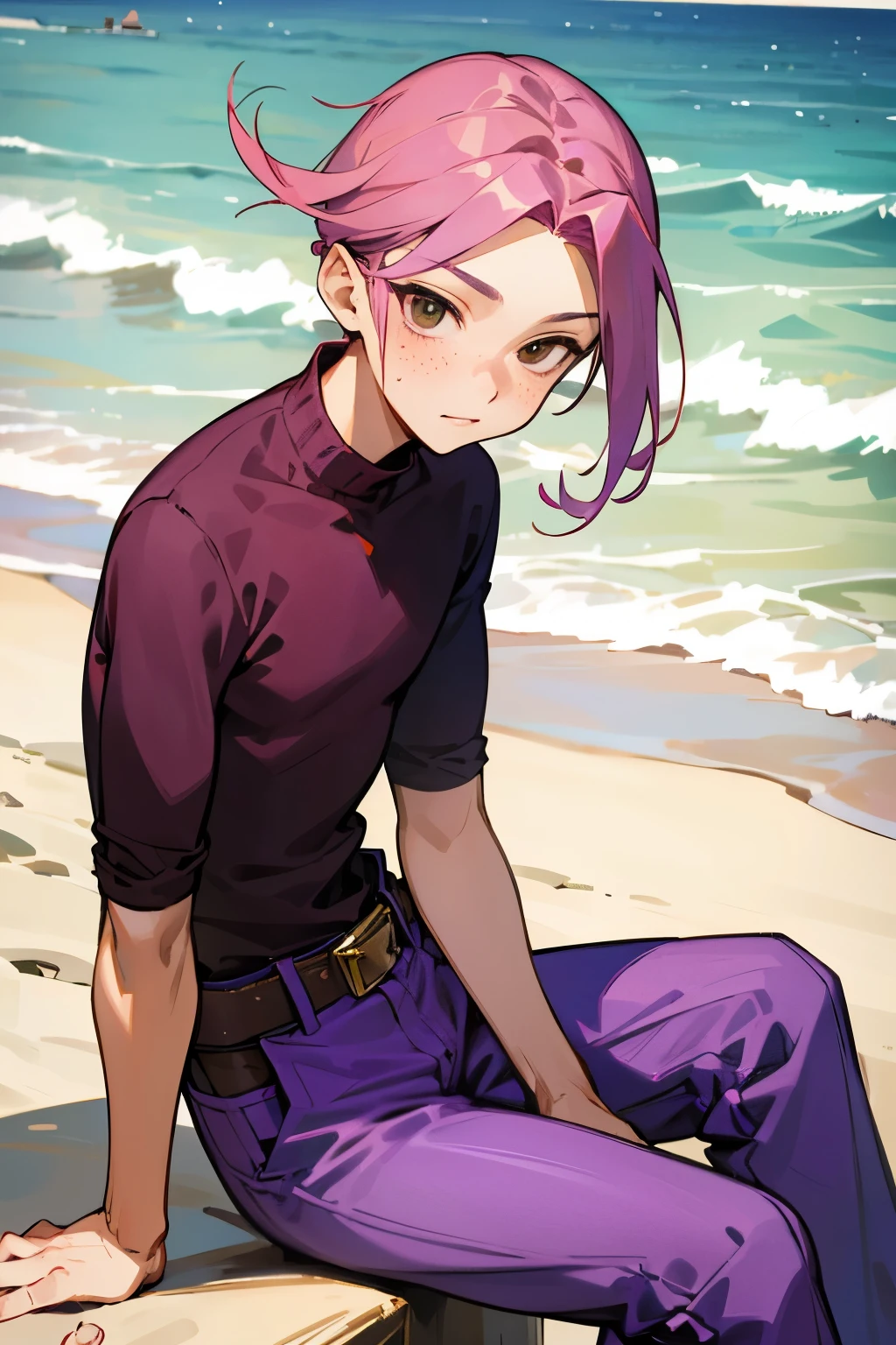 vinegar doppio, doppio, pink hair, purple sweater, purple pants, purple shoes, freckles, green belt, 1boy, male focus, solo, brown eyes, cowboy shot, boy, ocean, beach, sitting