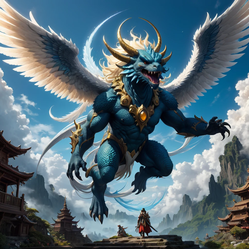Giant creature, aesthetic, extremely detailed, Giant Creature, Mage, Angel, Detailed, a masterpiece digital painting by Greg Rutkowski and James Gurney, trending on Artstation, tube casting, angels are flying,  Creature, Monster Hunter Illustrations art book, giant, Moebius, Greg Rutkowski, Zabrocki, Karlkka, Jayison Devadas, Phuoc Quan, trending on Artstation, 8K, ultra wide angle, zenith view, pincushion lens