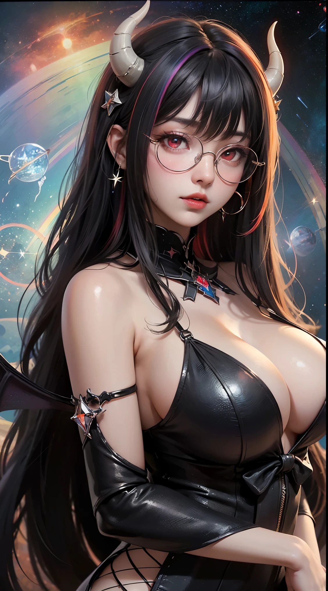 1名 27歳 woman, Understood、(best illustrations)、8k UHD resolution、intricate details、最high quality、realistic、Super detailed、best lighting、best shadow、soft lighting、ultra hd、dungeon and Dragon、cave、dungeon、 necromancer、night、dark style、Succubus、devil&#39;Daughter of、bat wings，(((demon hornラック縁round glasses))))、(((big breasts)))、(devil&#39;tail)、(red eyes shine:1.6)、masterpiece、beautiful features、Tyndall effect、realisticphotograph、(high detail skin:1.2)、8KUHD、Digital single-lens reflex camera、high quality、photograph、High resolution、 absurd、Ponytail distortion、Optimal ratio of 4 fingers and 1 thumb、1 girl、hair ornaments、真っ赤に輝くgemのネックレス、gem、beautiful expression、body up、big breasts emphasis、tight waist、wide ass、Tyndall effect、Photoreal、(high detail skin:1.2)、dark and mysterious version, lipstick red lips, thin and beautiful lips, Don&#39;Don&#39;Don&#39;Don&#39;don&#39;t laugh, please keep your mouth shut, Characters created by Karol Baku and Pino Denis, intricate details, detailed background, very detailed, magic of light, woman, cute face, ((((giant glasses, otaku glasses, thick glasses, round glasses))))、, (((demon horn))))、(((bat wings))))、 looking at the Upper body of the goddess , round chest, big and round chest, phoenix hair brooch, long hair with bangs, (Long hair has seven colors like a rainbow:1.9), Beautifully detailed face and well-proportioned eyes, (Crystal clear red eyes: 1.8), Big round eyes and very beautiful and detailed makeup, Visionary, long silk nightgowns, mysterious makeup, ブresponseレット, I dyed the side bangs light yellow....., Upper body, (goddess Upper body: 1.8), hanging arms, リアルで鮮やかなphotograph, (stars that make up : 1.7), ( Space-time portal of sky and imagination: 1.8), fiction art, RAWphotograph,黒い着物のphotograph, 最高のphotograph , expensive_response, 最high quality, 最高のphotograph, 8K quality, 8k ultra , surrealism, 最も経済的な本物のphotograph, Artistic portrait of 12 signs, Symbol of one of the 12 signs on the reverse side, 12 Portrait of the Goddess, 最もrealistic配色, 最高のphotograph color, masterpiece, hair ornaments, ネックresponse, jewelry, beautiful face, Upper body, Tyndall effect, photographのようにリアルな, Dark studio, border light, two tone light, (fine skin) expensive: 1.2), 8k UHD, Digital single-lens reflex camera, soft light, expensive quality, volume light, Frank, photograph, expensive responseolution, 4K quality, 8k, Bokeh, smooth and sharp, 10x more pixels, Charming goddess, sexy goddess, (background space: 1.8), (milky way: 1.7), aurora, lightning, (auroraの背景: 1.8) <roller:crazy_perfect eyes_v1_from_v1_, beautiful goddess and flowers, (((demon horn))))、(((bat wings))))、