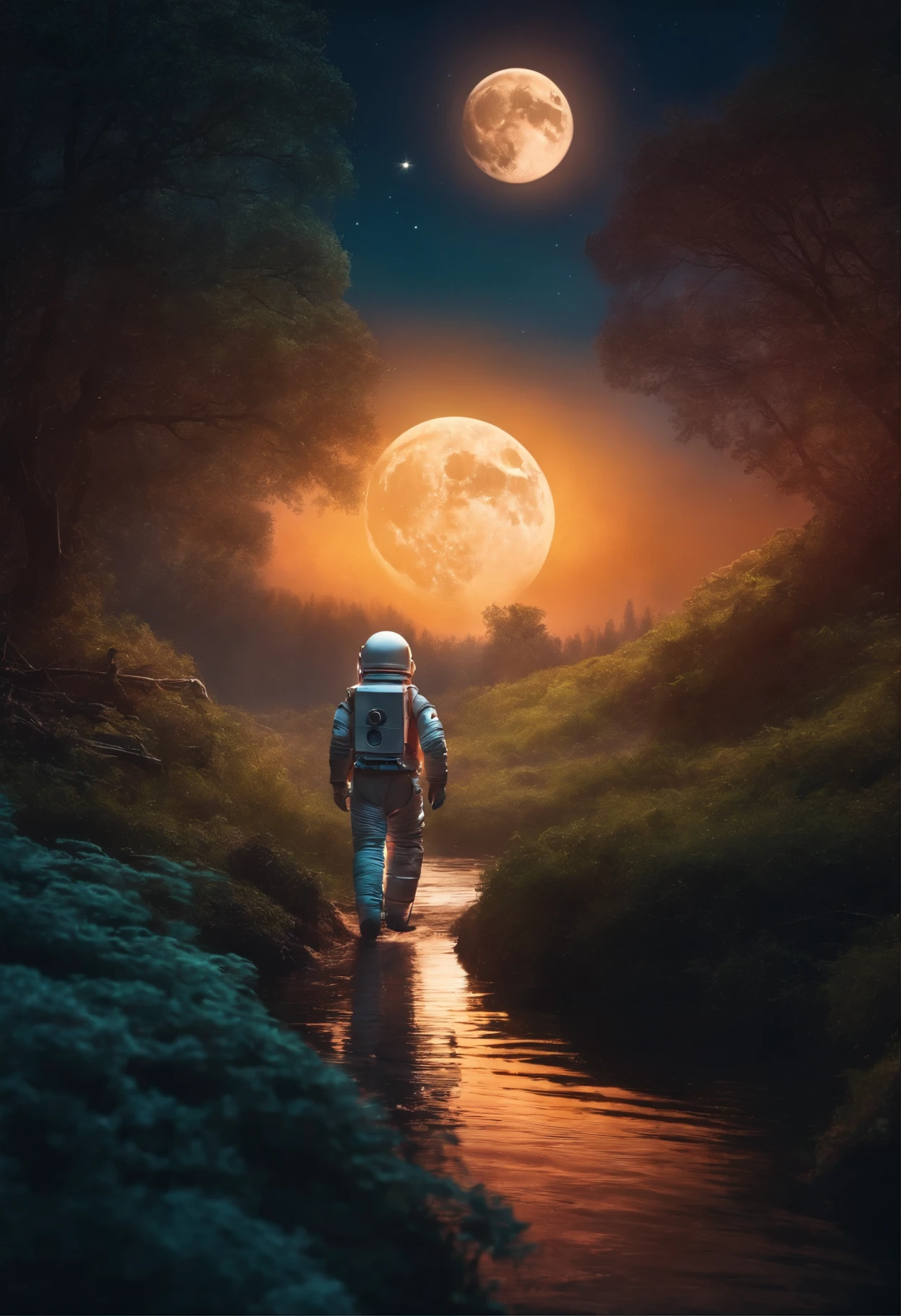 “Describe in detail the following scenario: Night in a large fairy park, and everything is flooded with moonlight. There's a rocket in the distance, and an astronaut in a spacesuit is walking towards her along the path.”.