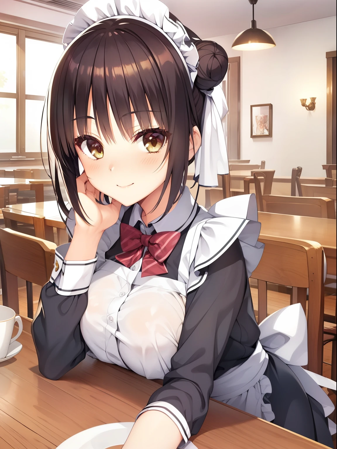 (highest quality, High resolution, perfect pixel, Depth of the bounds written, 4k, beautiful anime girl),  
looking at the viewer, 
perfect body,  
sntm, 1girl, alternate hairstyle, bun cover, 

blush all over the face, smile, 
large breast, 
maid, headband, 
in cafe, 