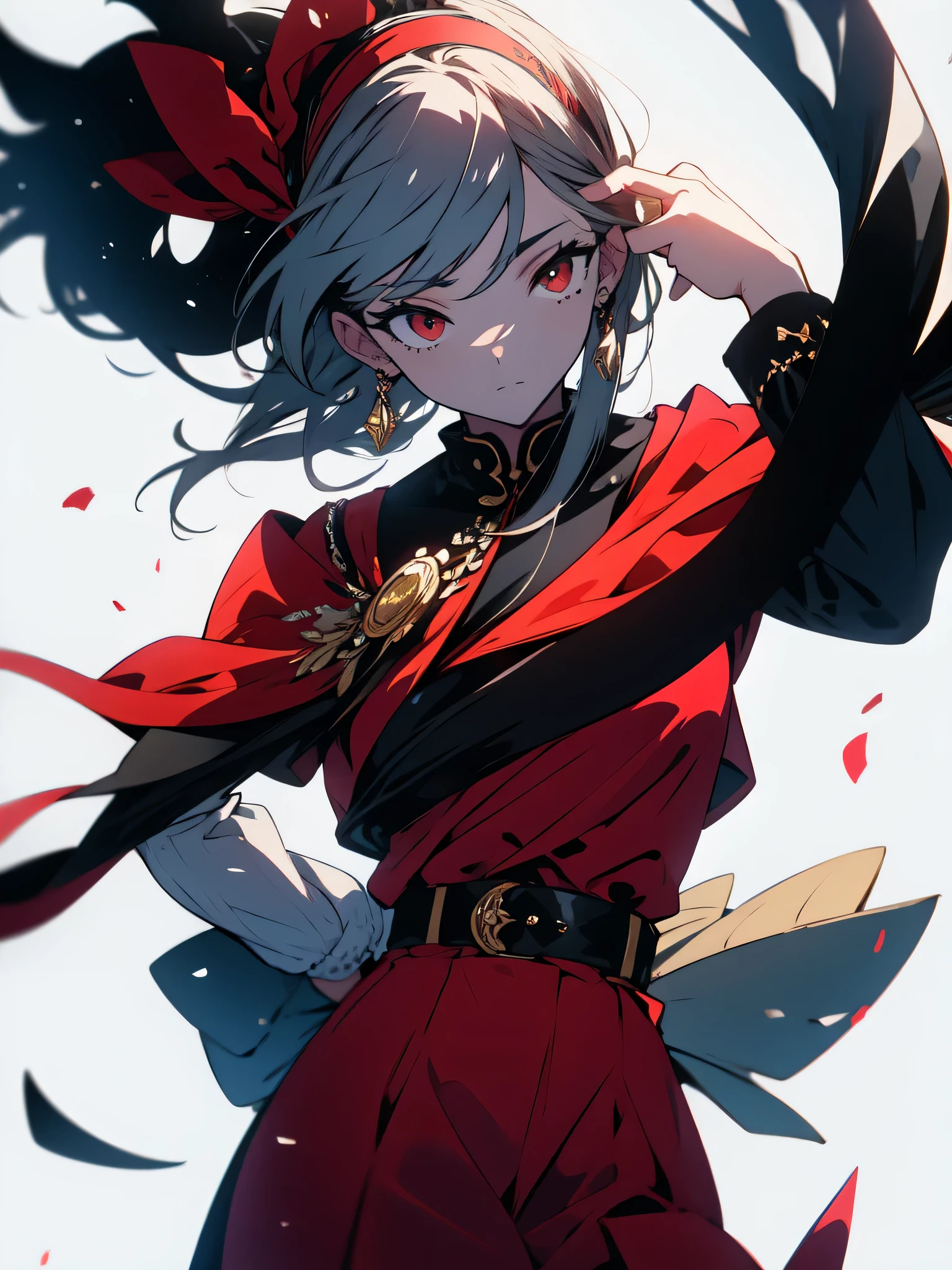 highest quality,very detailed,masterpiece,Super detailed,一人in,(Delicine eyes),(white background:1.3),red eyes,Are standing,belt skirt,[trench coin:20],jewelry, mole_Down_eye, looking for_in_viewer, with ruffles_hair band,earrings,beautiful anime