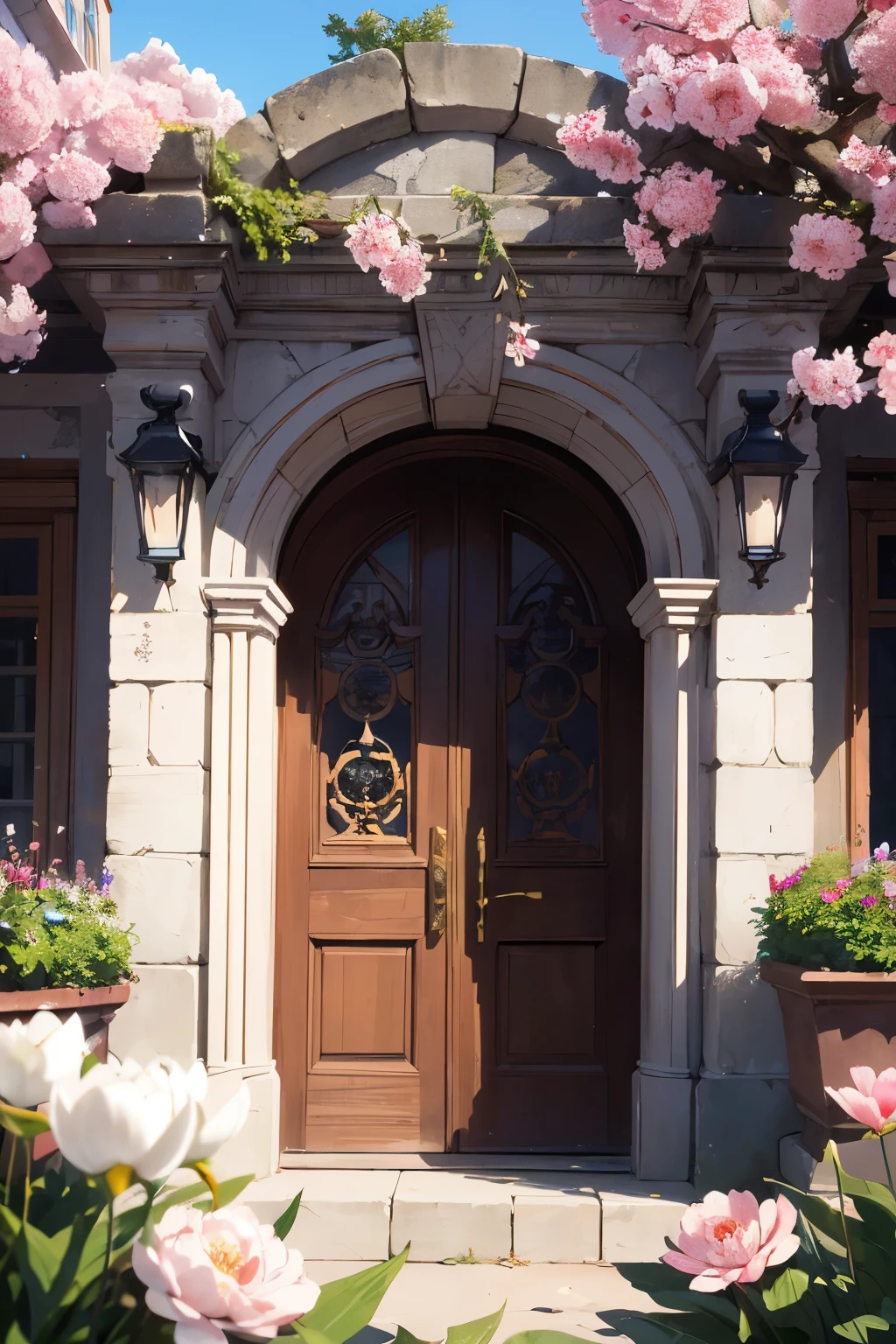 The camera slowly advances,The stone arch at the entrance of the park comes into view,The stone arches are carved with exquisite patterns,Showing simplicity and elegance。Beside the door,A sea of flowers blooms brilliantly,The red rose is delicate and charming,The pink peonies are shy and waiting to be released,White lily is pure and elegant,Flowers of various colors sway gently in the spring breeze,Exudes a charming fragrance。The spring breeze blows,Warm and gentle,It's like a mother's hand gently caressing her cheek,refreshing。