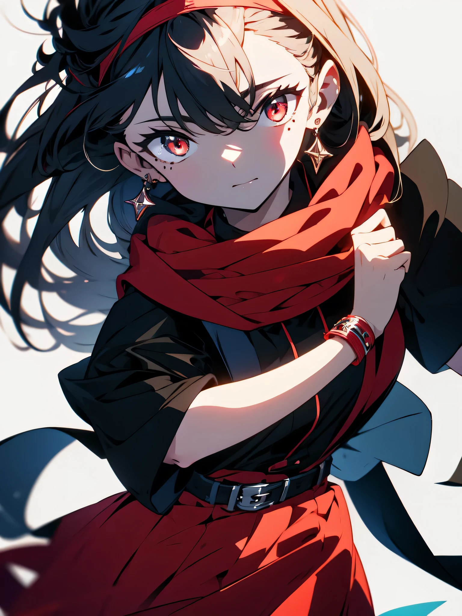 highest quality,very detailed,masterpiece,Super detailed,一人in,(Delicine eyes),(white background:1.3),red eyes,Are standing,belt skirt,[trench coin:20],jewelry, mole_Down_eye, looking for_in_viewer, with ruffles_hair band,earrings,beautiful anime