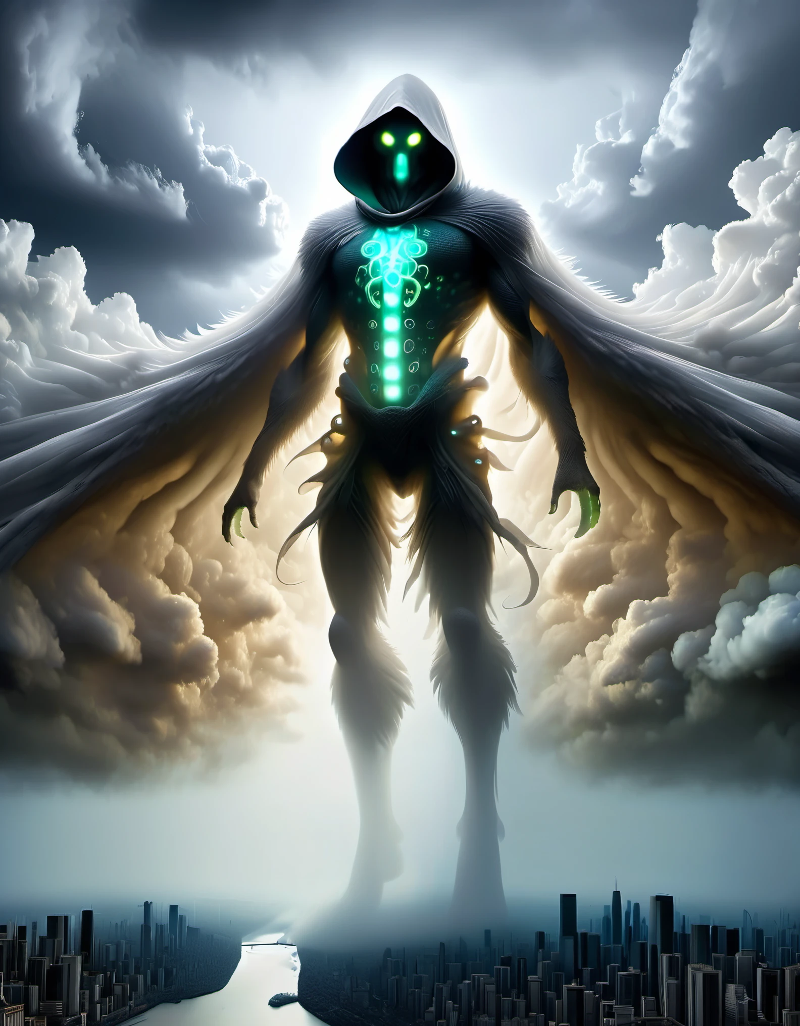 Giant Creature, (Super Giant Cloud Demon coalesced by thick fog), floating over the city,, Cloud Demon's body is immense like a huge white cloud, eyes glinting with intelligence, it's body is surrounded by white clouds, connecting it to the sky and the earth, in the midst of the city's hustle and bustle, thick fog, Creature's body is tall and tall in the sky, with a hooded cover, Robust human body is covered by a large amount of white dark fog, thick fog, Bio-Chemical Mutant Nuclear Grotesque, Bioluminescent Bioluminescent, Zdzistaw Beksinski, H R Giger, Webbed Feet Webbed Foot Tentacles, Rudimentary Wings Mutilated Wings, Erratic Irregular, Wrinkled Folds. Microbiology Microbiology, Phosphorescent Phosphorescent, Scaly, Camouflaging Camouflaging, Translucent Resin Wave Style, bryce 3d, Fresco-like Composition, Weathered Material, Luminous, The
Background: looking up from below