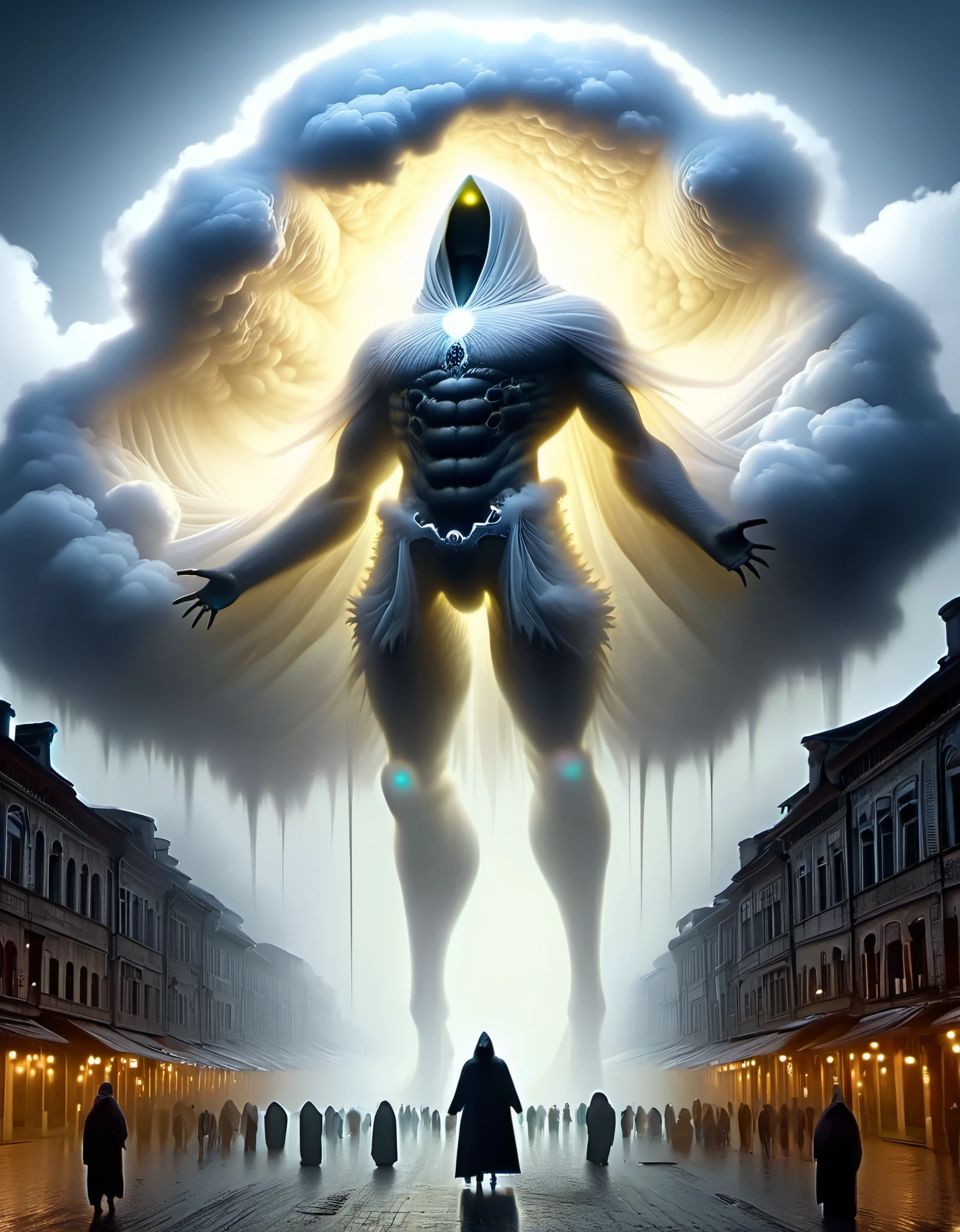Giant Creature, (Super Giant Cloud Demon coalesced by thick fog), floating over the city,, Cloud Demon's body is immense like a huge white cloud, eyes glinting with intelligence, it's body is surrounded by white clouds, connecting it to the sky and the earth, in the midst of the city's hustle and bustle, thick fog, Creature's body is tall and tall in the sky, with a hooded cover, Robust human body is covered by a large amount of white dark fog, thick fog, Bio-Chemical Mutant Nuclear Grotesque, Bioluminescent Bioluminescent, Zdzistaw Beksinski, H R Giger, Webbed Feet Webbed Foot Tentacles, Rudimentary Wings Mutilated Wings, Erratic Irregular, Wrinkled Folds. Microbiology Microbiology, Phosphorescent Phosphorescent, Scaly, Camouflaging Camouflaging, Translucent Resin Wave Style, bryce 3d, Fresco-like Composition, Weathered Material, Luminous, The
Background: looking up from below