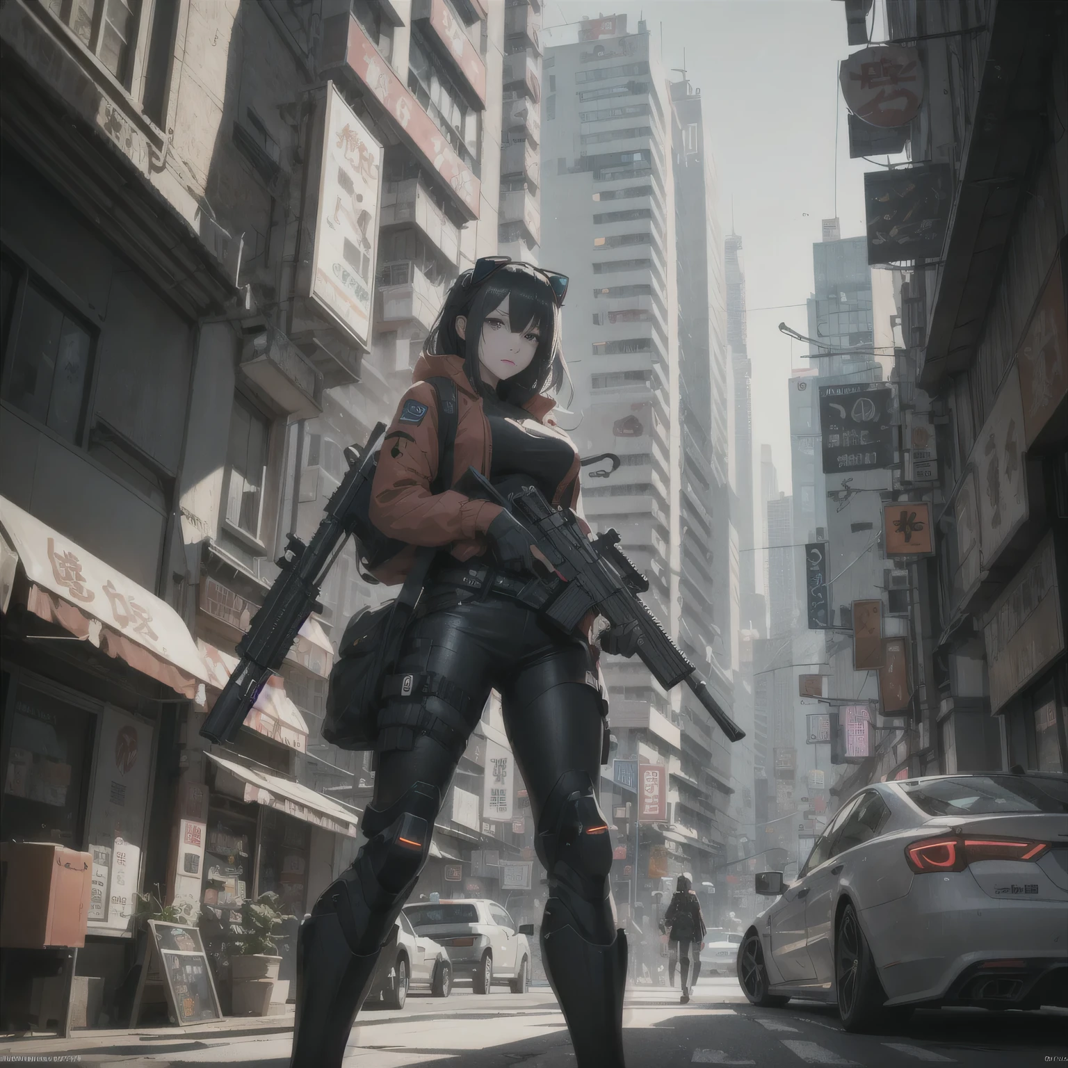 Cartoon character holding gun in urban area with buildings and cars, cyberpunk anime girl mech, Digital cyberpunk animation art, female cyberpunk anime girl, Wopp and Krenz Kushat, Anime Cyberpunk Art, cgsociety concept art, cyberpunk anime girl, Guweiz on ArtStation Pixiv, cgsociety and fenghua zhong, chengwei pan on artstation