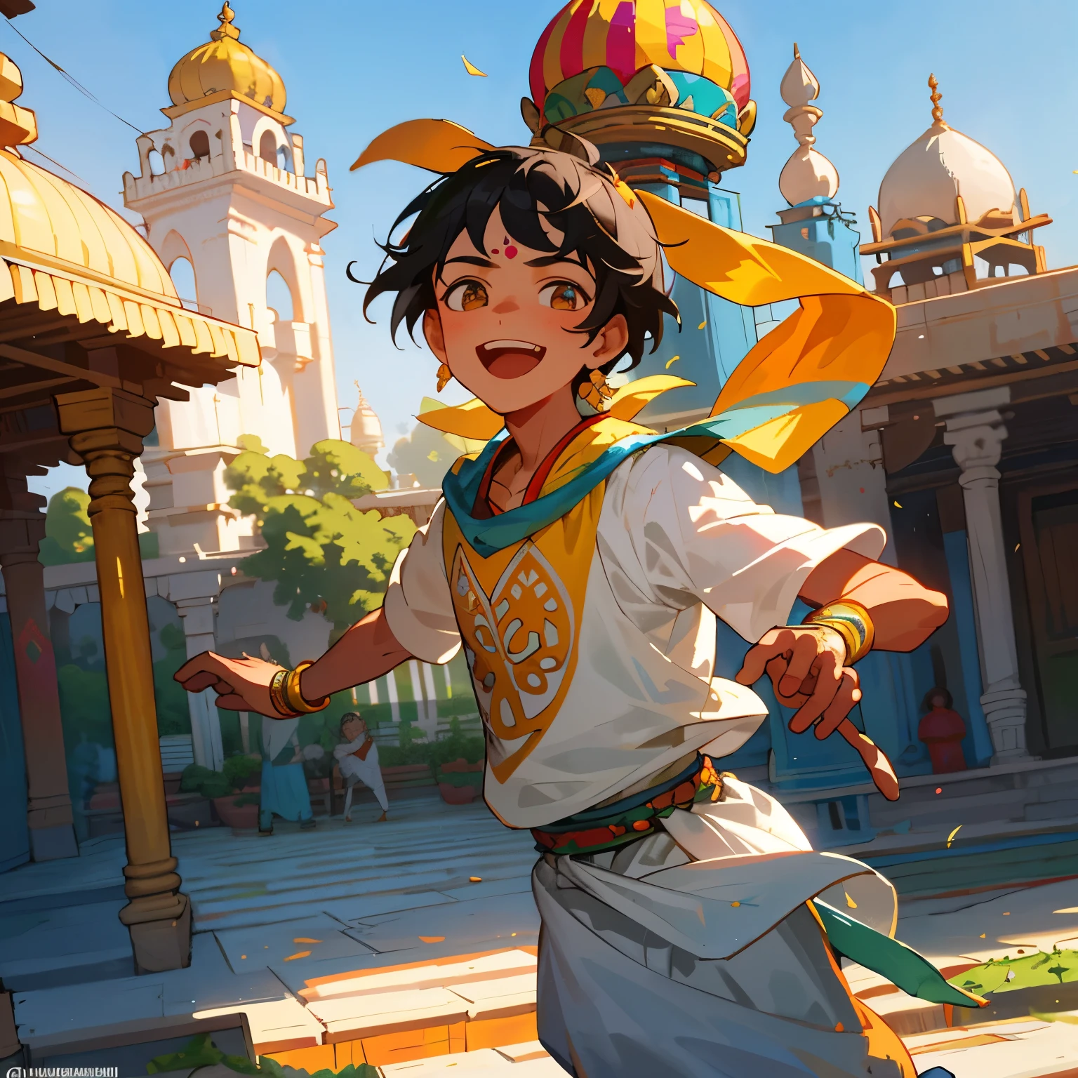 A highly detailed and realistic 3D image showcases a 20-year-old boy named Praveen, joyfully celebrating the Holi festival with Lord Krishna in the vivid setting of Mathura Vrindavan. Their radiant faces are visible, with the boy wearing a t-shirt bearing his name in colorful letters. The sky above them elegantly reads "Happy Holi" in beautiful script.
The intricate background portrays the picturesque landscapes of Mathura Vrindavan, with colorful buildings adorned with traditional Indian motifs and lush greenery surrounding the scene. Children clad in playful outfits can be seen frolicking and