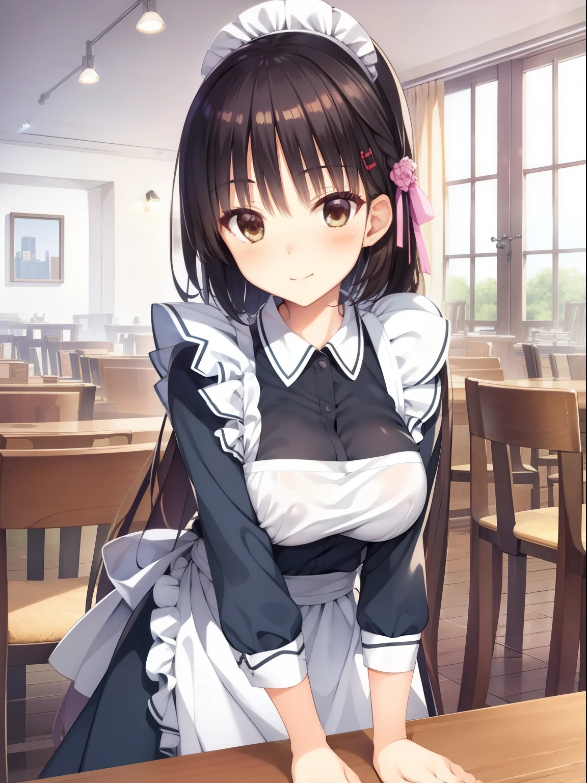 (highest quality, High resolution, perfect pixel, Depth of the bounds written, 4k, beautiful anime girl),  
looking at the viewer, 
perfect body,  
sntm, 1girl, alternate hairstyle, bun cover, 

blush all over the face, smile, 
large breast, cleavage, 
maid, headband, 
in cafe, 