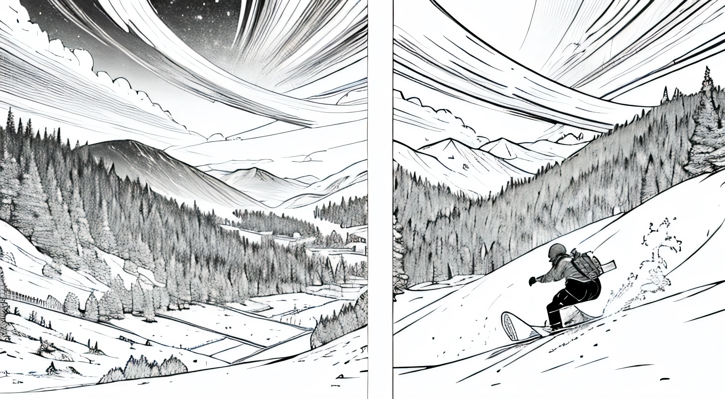 (masterpiece: 1.2, highest quality), Manga-ish, (Manga-ish イラスト,), highest quality, masterpiece,Young people enjoying snowboarding、snow、the sky is clear