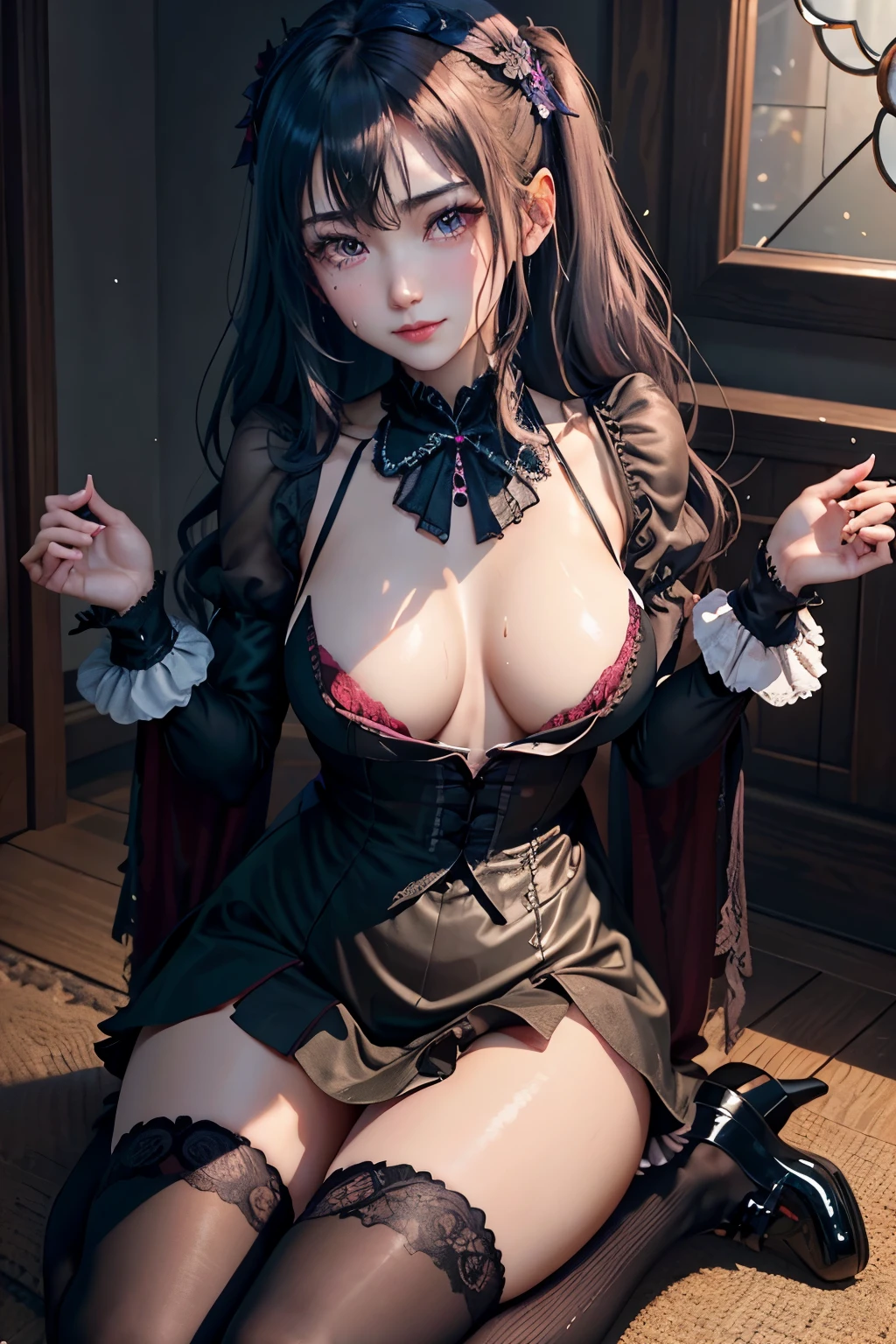 ハードdark gothicメイク、Insanity、deep night sky、horror、black dark eyeshadow、cry、grieve、good skin shine、dark gothicメイク、dark smile、Restless Palace、fragrant beauty、22 years old、lure、expression of intense sexual pleasure、A look of shame、dark gothic、lewd expression、muste piece、best quality、Refers to 5 books、Expression of sexual pleasure in suffering、drunk face、purple maid outfit、mysterious、Noble、A face that is holding back the toilet、Super sexy、loving smile、twin tail hair、jet black ruffle skirt、right blue eye, left eye is red、Gothic bed covered with roses、Super bewitching pose、stick out your butt、platform heel shoes、dark makeup、black lipstick、Stained glass、black metal world、open your legs sloppily、make the world beautiful、sit on a bed of roses、gothic ta clothes、comb your hair、A little slender、silver hair、long hair straight hair、cute gothic loliress、beautiful face、face of elegance、bewitching face、knee high socks、Stained glassが背景、My chest is shiny from a lot of sweat、the room is dark、goth  long dress、bell sleeve、wizard sleeve、decadent look、sexually excited look、part hair、Ritual、gothic ritual、Glossy thighs wet with water、Thighs wet and shiny with oil、Background of a room filled with roses、sad expression、Rozen Maiden、embroidery is pink、Clothes are embroidered pink、thigh high socks、kneel down、put your knees on the floor、knee high socks、It shines due to the considerable amount of sweat on my thighs.、kneel down、body is wet and shiny、Lots of glitter on the thighs、i am sweating a lot、A lot of sweat and stickiness on the thighs、Sweat glistening on your thighy whole body is shiny with sweat、pretty sweaty、My thighs are sweaty、my thighs are so wet、My thighs are shiny from a lot of sweat、A lot of sweat shines all over the body、kneel up、Right arm to crotch、、open your legs wide、slender body、Gentle expression、is masturbating、