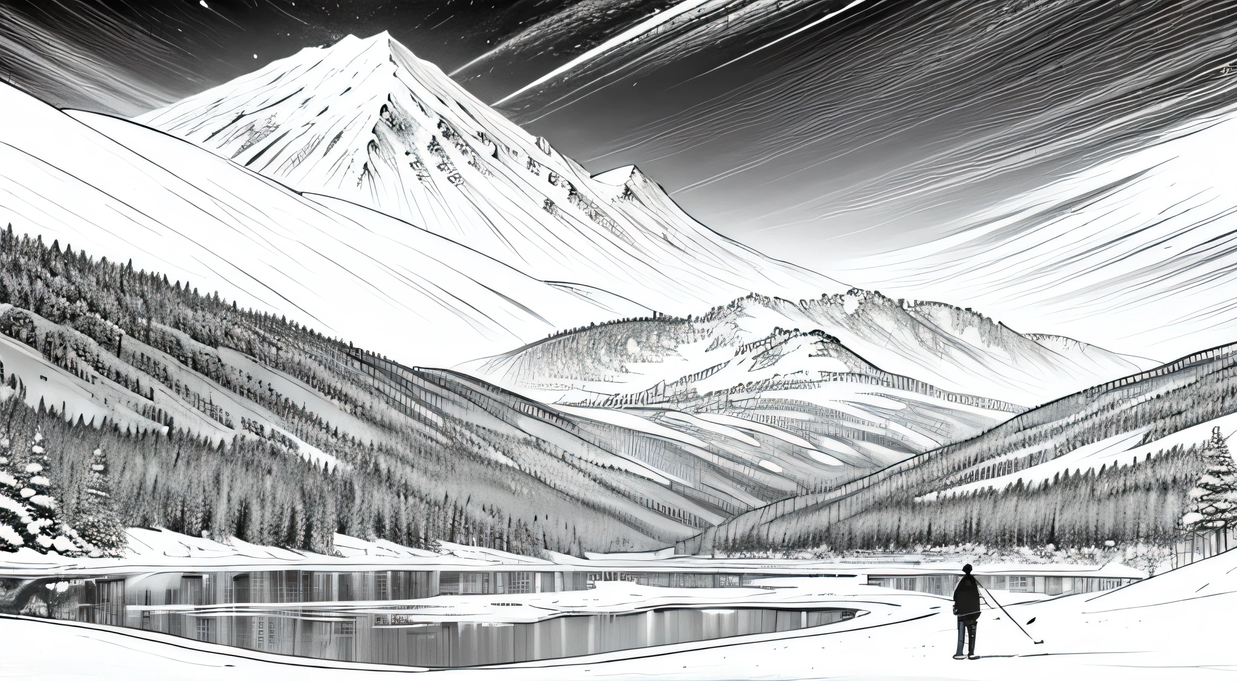 (masterpiece: 1.2, highest quality), Manga-ish, (Manga-ish イラスト,), highest quality, masterpiece,young people enjoying skiing、snow、the sky is clear
