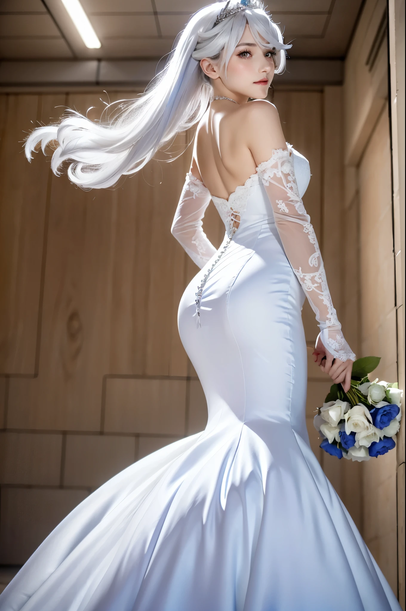 ((holding a blue rose bouquet)), (from below:2), mix 4, (Shot with Canon EOS 5D Mark 4 and Canon EF Lens 135mm F1.8L lens, F value 2.8, ISO 50, shutter speed 64), (8k, original photo, highest quality, masterpiece: 1.45), (actual, lifelike: 1.37), One girl, Charm, professional lighting, photon mapping, radio city, Physically based rendering, beautiful girl, girl, High resolution, 1080p, (pretty face), (Detailed facial description), (Detailed explanation of hands), (Detailed CG), extreme light and shadow, rich in details, (exquisite features), (highest quality photos), (beautiful eyes), thin clavicle, (teenage girl:1.7), smiling, miorine rembran, ahoge, (white hair:1.25), hair between eyes, (long hair:1.25), braless, tiara, ruanyi0263, bridal veil, wedding dress, veil, white dress, bride, lace, wedding necklace, wedding long gloves, (blue rose bouquet), chapel, Stained glass,
