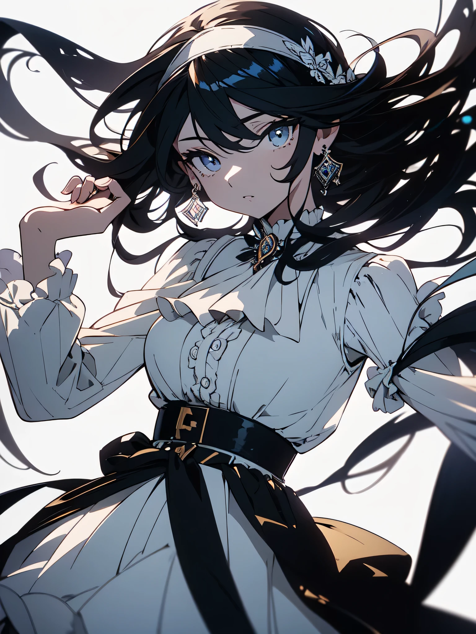 highest quality,very detailed,masterpiece,Super detailed,一人in,(Delicine eyes),(white background:1.3),ピンク eyes,Are standing,belt skirt,[trench coin:20],jewelry, mole_Down_eye, looking for_in_viewer, with ruffles_hair band,earrings,beautiful anime