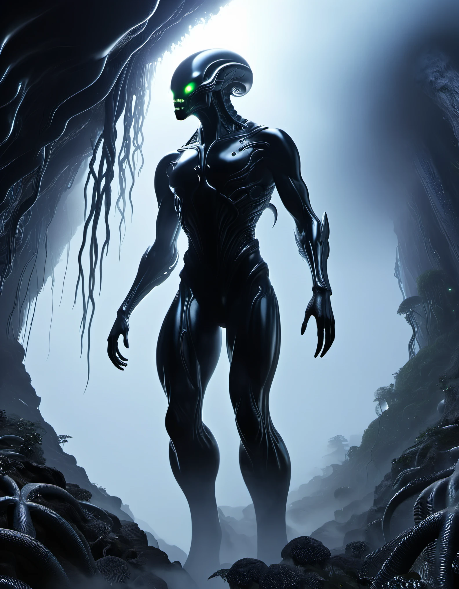Looking up, (giant transparent alien creature), 3D game ,Inspired by《Alien》,HR Giger Giger,Mutant mutant,Mutation mutation,Aberration Distortion,toxic waste sites,Biological Labs ,Dense fog fog,Overgrown Vegetation过度生长的植被/Eerie Silence Eerie silence,tumor,slime,ScaleReflective, high detail, surreal, 3D rendering, explosive coverage, bokeh, Dense fog, fog, from below, upside down, chiaroscuro, UHD, masterpiece, super detail, high details, high quality, award winning, best quality, highlights, 16k