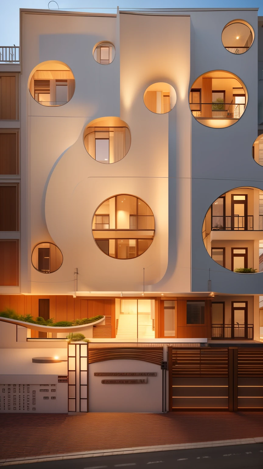 (Modern school in the city), daylight ( best quality) ((high solution)) ,(( photo realistic)) ,warm light, (sharp focus) front view of townhouse in style of modern,small house, Narrow area,VietNam,facade, curved arch,beautiful facade,curved windown,narrow and long ,two-storey,mutual colours, soft lighting, warm atmosphere,high Resolution, hyper detailed,4k ,vray render, octane render, hyper realistic, photography expert ,exterior design , professional photography, exterior photography,wide-angle shot , ultra detail , high Resolution , full frame, full body