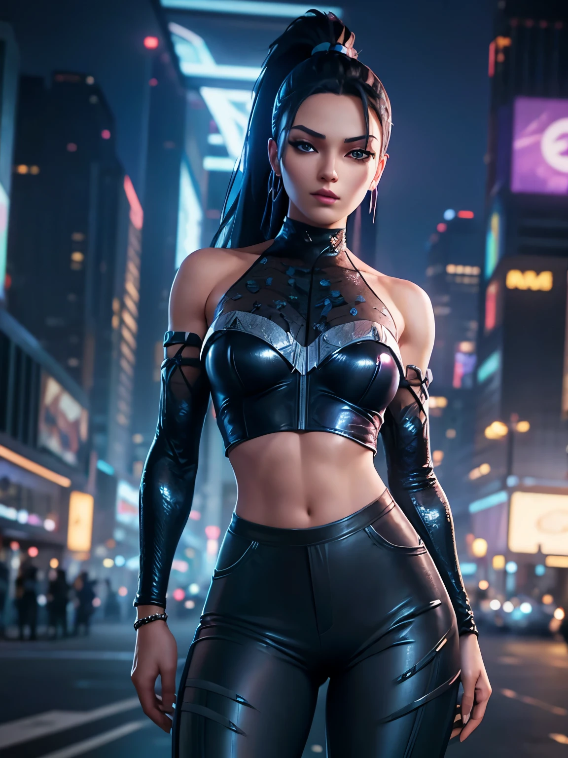 1girl, 3d, afterimage, bare shoulders, black hair, breasts, clothes pull, cowboy shot, detached sleeves, facing viewer, k/da (league of legends), lips, long hair, medium breasts, midriff, navel, pants, pants pull, ponytail, solo, tight clothes, tight pants