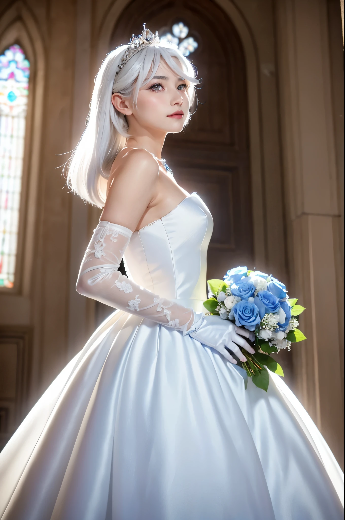 ((holding a blue rose bouquet)), (from below:2), mix 4, (Shot with Canon EOS 5D Mark 4 and Canon EF Lens 135mm F1.8L lens, F value 2.8, ISO 50, shutter speed 64), (8k, original photo, highest quality, masterpiece: 1.45), (actual, lifelike: 1.37), One girl, Charm, professional lighting, photon mapping, radio city, Physically based rendering, beautiful girl, girl, High resolution, 1080p, (pretty face), (Detailed facial description), (Detailed explanation of hands), (Detailed CG), extreme light and shadow, rich in details, (exquisite features), (highest quality photos), (beautiful eyes), thin clavicle, (teenage girl:1.7), smiling, miorine rembran, ahoge, (white hair:1.25), hair between eyes, (long hair:1.25), braless, tiara, ruanyi0263, bridal veil, wedding dress, veil, white dress, bride, lace, wedding necklace, wedding long gloves, (blue rose bouquet), chapel, Stained glass,
