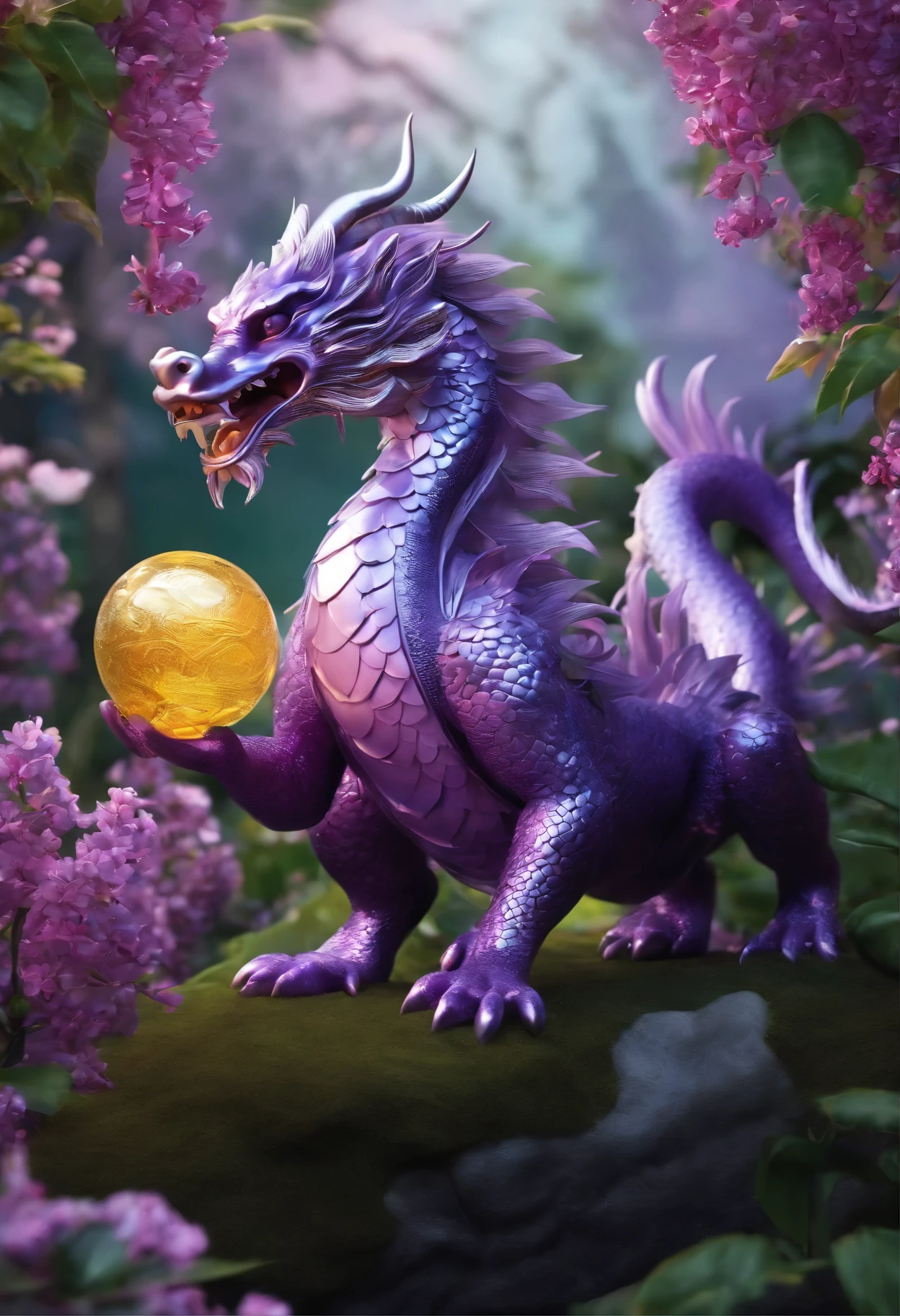 "Very nice 3d rendering of a lilac Chinese dragon，The background is a flower garden、He is holding a crystal ball in his right hand.、Dynamic performance, Vibrant effects and details，best image quality，High resolution，lots of colors,　Bunch of coins, treasure"