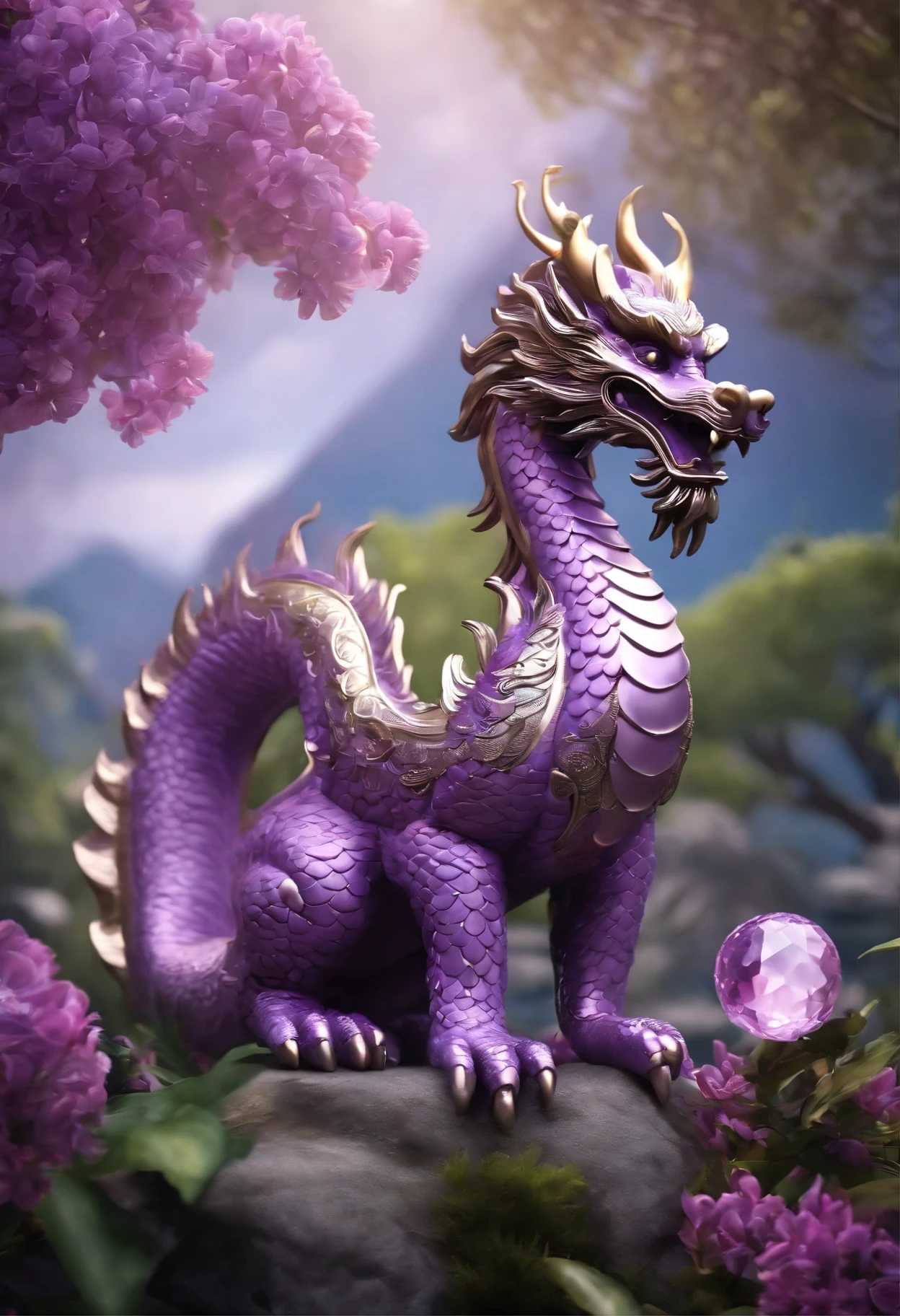"Very nice 3d rendering of a lilac Chinese dragon,The background is a flower garden、He is holding a crystal ball in his right hand.、Dynamic performance, Vibrant effects and details,best image quality,High resolution,lots of colors, Bunch of coins, treasure"
