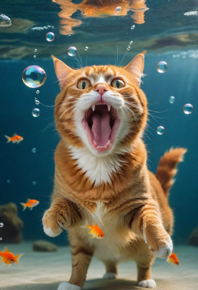 cat, making goofy faces under water, lie the wind is blowing in her open mouth bubbles wide. an annoyed goldfish swims by