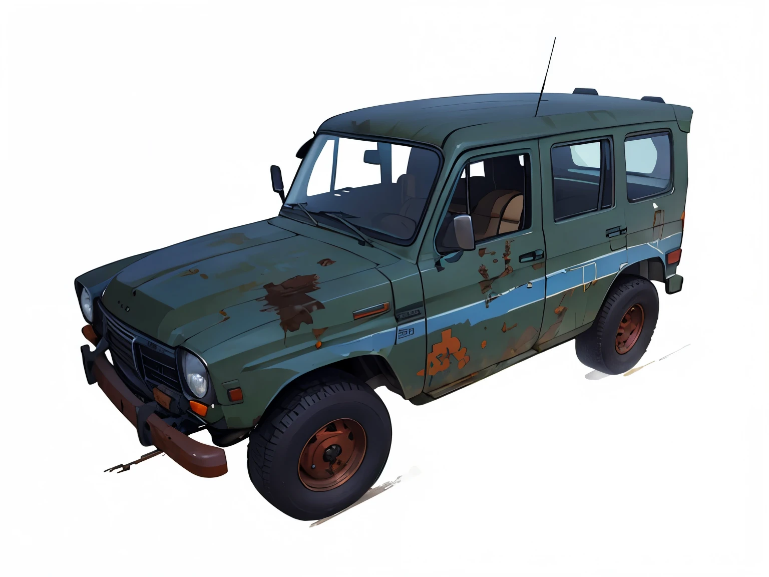 一辆玩具吉普car的特写，There was a group of people inside, vehicle, semi-realistic, semi-realistic, new vehicle, truck, post - apocalyptic car blueprint, russian lada car, Greater Toronto Area, Soviet Union时代, an Surreal, semi-realistic, Realistic scene, (rust), vehicles, Soviet Union, moskvich, ( Surreal, car, lada