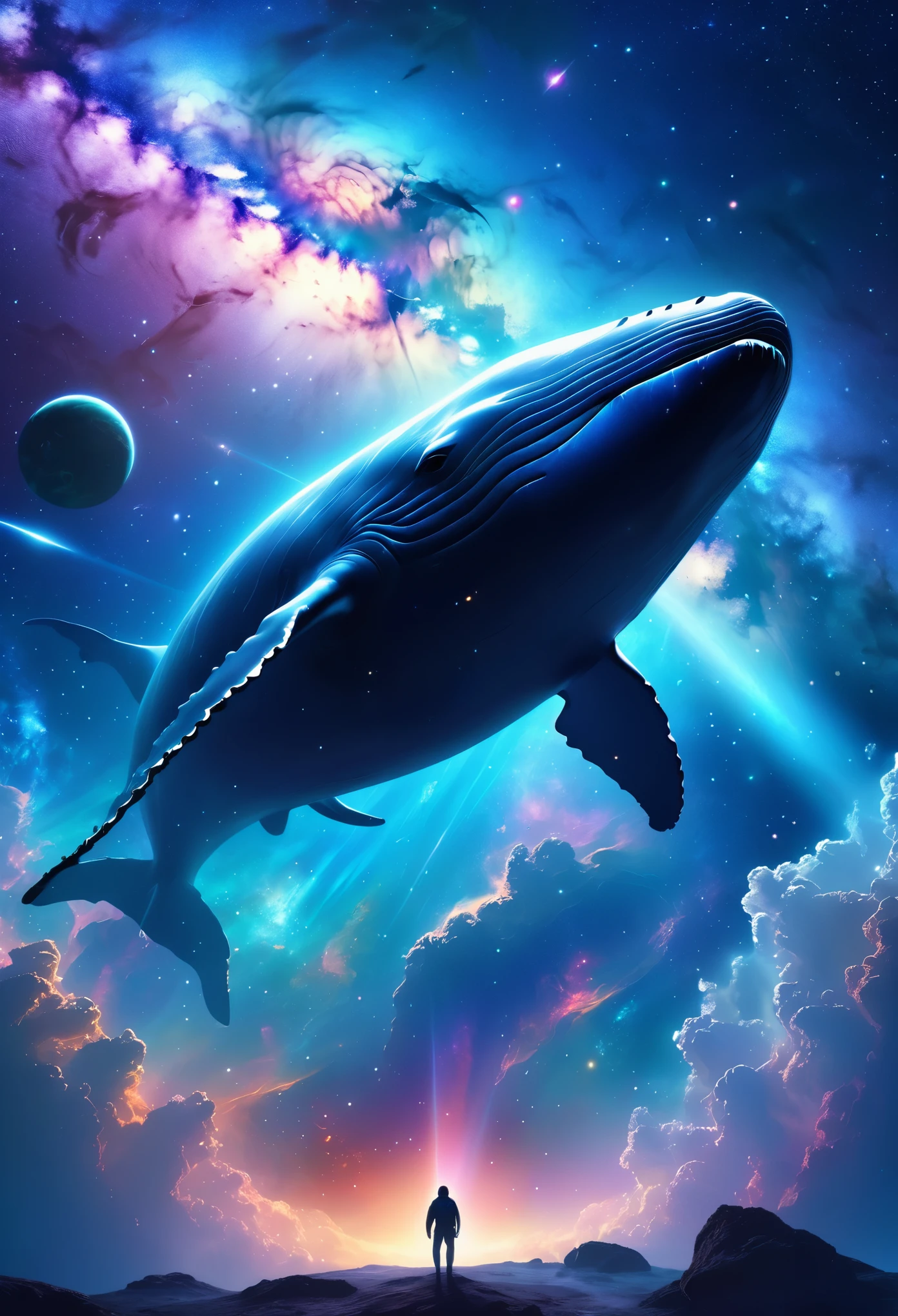 Infinite Dreamlike Illustration of a Gigantic Translucent Whale Gliding through the Vast Expanse of Space, Surrounded by a Nebula Galaxy and a Beautiful Asteroid Belt. (best quality,4k,8k,highres,masterpiece:1.2),ultra-detailed,(realistic,photorealistic,photo-realistic:1.37), ethereal lighting, vibrant colors, celestial creatures, glowing body, ethereal atmosphere, graceful movement, serene and peaceful.