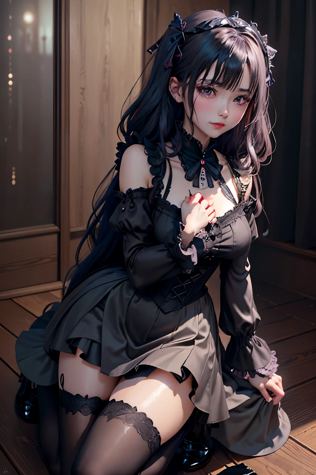 ハードdark gothicメイク、Insanity、deep night sky、horror、black dark eyeshadow、cry、grieve、good skin shine、dark gothicメイク、dark smile、Restless Palace、fragrant beauty、22 years old、lure、expression of intense sexual pleasure、A look of shame、dark gothic、lewd expression、muste piece、best quality、Refers to 5 books、Expression of sexual pleasure in suffering、drunk face、purple maid outfit、mysterious、Noble、A face that is holding back the toilet、Super sexy、loving smile、twin tail hair、jet black ruffle skirt、right blue eye, left eye is red、Gothic bed covered with roses、Super bewitching pose、stick out your butt、platform heel shoes、dark makeup、black lipstick、Stained glass、black metal world、open your legs sloppily、make the world beautiful、sit on a bed of roses、gothic lolita clothes、comb your hair、A little slender、silver hair、long hair straight hair、cute gothic lolita dress、beautiful face、face of elegance、bewitching face、knee high socks、Stained glassが背景、My chest is shiny from a lot of sweat、the room is dark、goth  long dress、bell sleeve、wizard sleeve、decadent look、sexually excited look、part hair、Ritual、gothic ritual、Glossy thighs wet with water、Thighs wet and shiny with oil、Background of a room filled with roses、sad expression、Rozen Maiden、embroidery is pink、Clothes are embroidered pink、thigh high socks、kneel down、put your knees on the floor、knee high socks、It shines due to the considerable amount of sweat on my thighs.、kneel down、body is wet and shiny、Lots of glitter on the thighs、i am sweating a lot、A lot of sweat and stickiness on the thighs、Sweat glistening on your thighy whole body is shiny with sweat、pretty sweaty、My thighs are sweaty、my thighs are so wet、My thighs are shiny from a lot of sweat、A lot of sweat shines all over the body、kneel up、Right arm to crotch、、open your legs wide、slender body、Gentle expression、is masturbating、