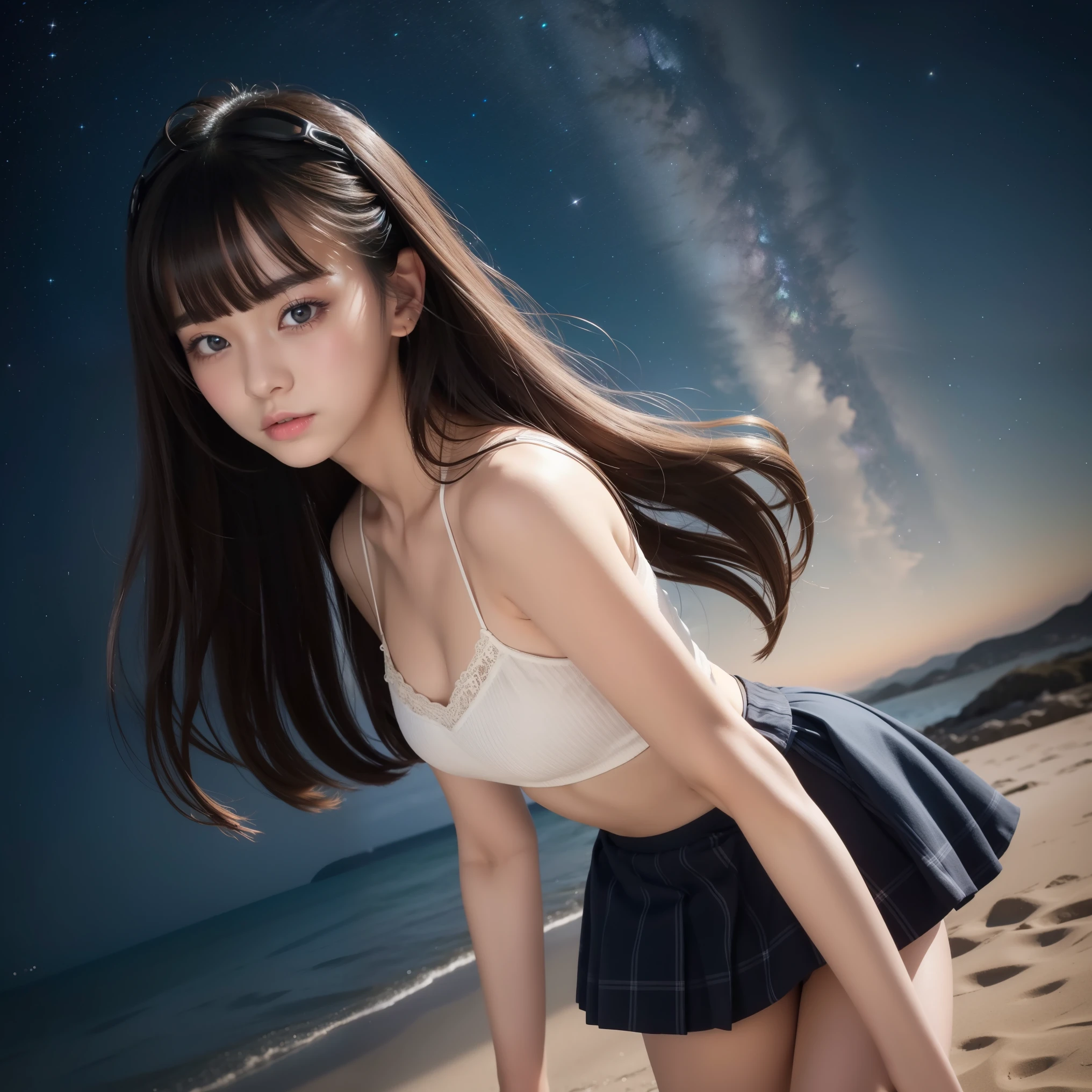 beautiful images、universe、fantasy、shooting start or herd、teenage girl、black eye、hair length、starry sky、Japanese、high school girl、camisole、Fluttering mini skirt、