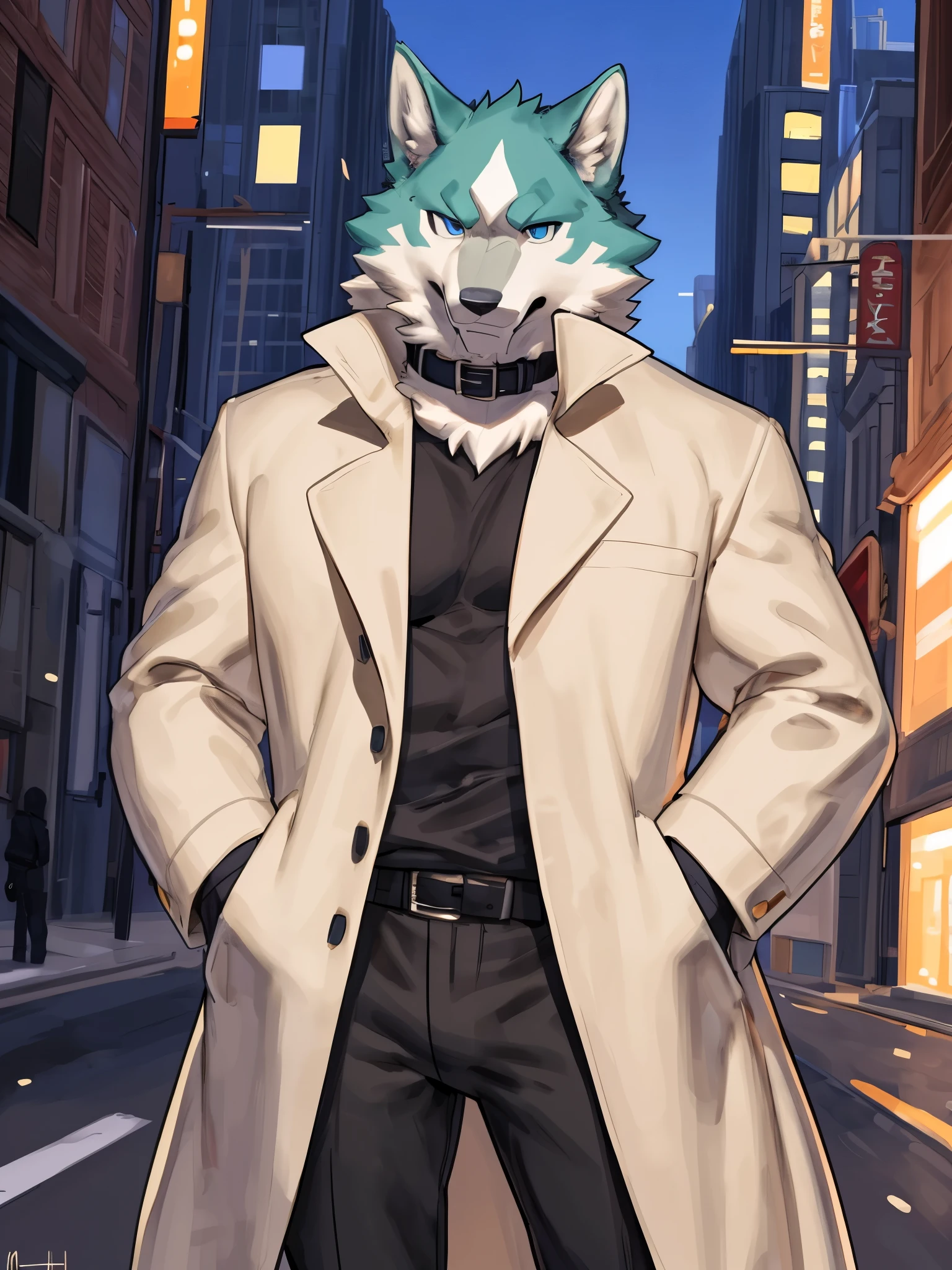 (((Detailed anatomy, detailed eyes, detailed body detailed face, best quality, high resolution))), solo, 1male, Shirou Ogami, wolf, adult body, white furs, skinny muscle, greyish blue eyes, grey collar, beige trenchcoat, black long sleeve t-shirt, black pant, grey shoes, in the street, by Buta99, by Meesh, by Buta99