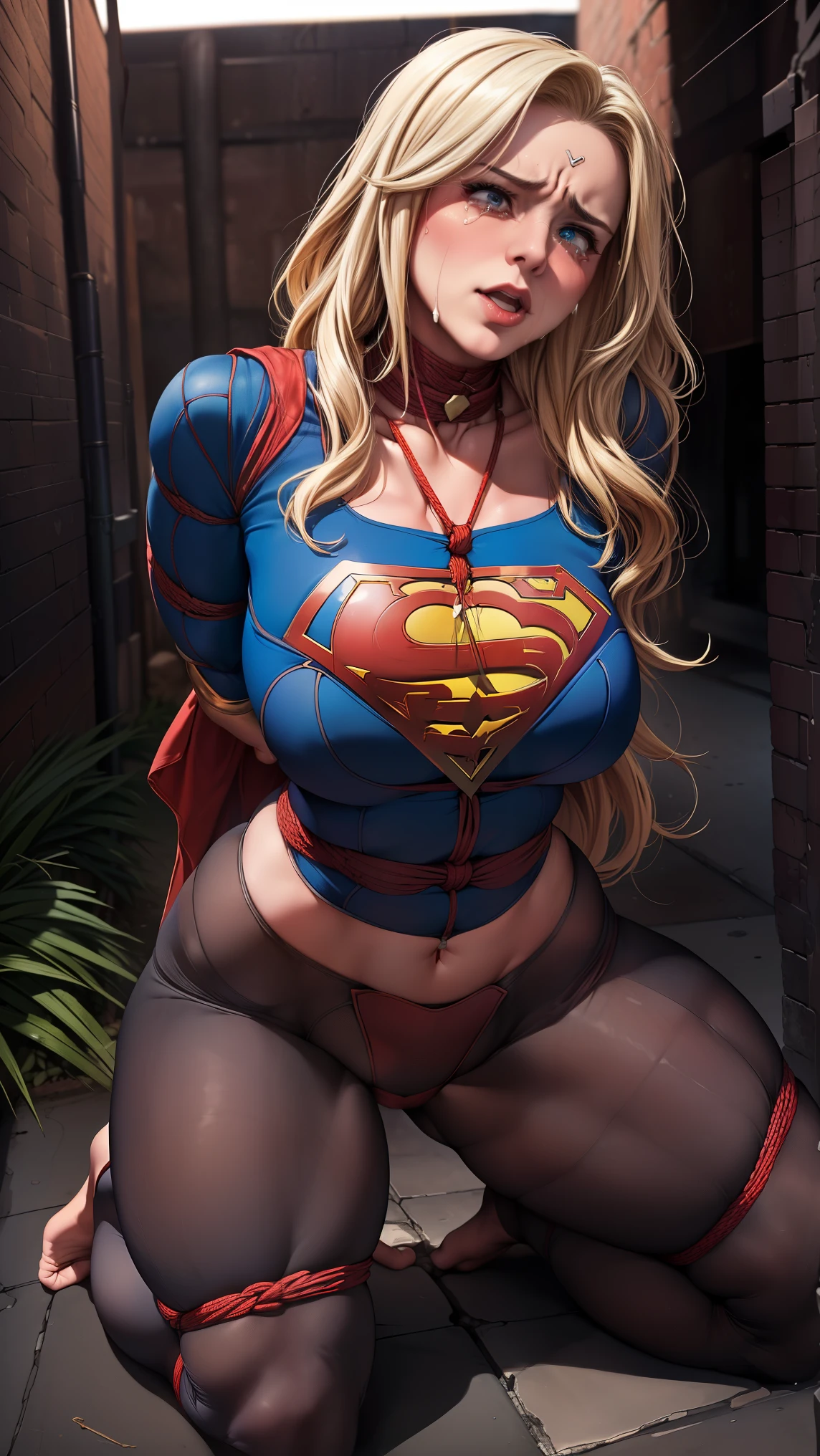 ((SUPERHEROINA SUPERGIRL, ABANDONADA IN THE DIRTY  ALLEY AT NIGHT, IN PROSTITUTION,HUMILHADA,DERROTADA)), (SUPERGIRL is barefoot, DENTRO DA LAMA), ((SUPERHEROINE SUPERGIRL, OBRIGADA A RASTEJAR DENTRO DA LAMA, CORPO SUJO DE LAMA)), (SUPERHEROINA SUPERGIRL suada por todo o corpo), (Supergirl chorando muito). ((SUPERHEROINA SUPERGIRL tem cabelo loiro, ela tem cabelo longo)), ((SUPERHEROINA SUPERGIRL wearing a thick metal necklace around her neck )), (Your clothes are immoral, your clothes are indecent, your clothes are tight), ((Shibari, arms behind the back:1.4)), ((hands on back)), ((string restriction)), ((Inevitable restriction with ropes)), (obra-prima, melhor qualidade) 1.5, 1 garota, sozinho, (sexy, mulher bonita, rosto perfeito, olhos perfeitos) corpo inteiro, ((High definition face)), (((SUPERHEROINA SUPERGIRL ESCRAVIZADA, Tears stream down her face))).