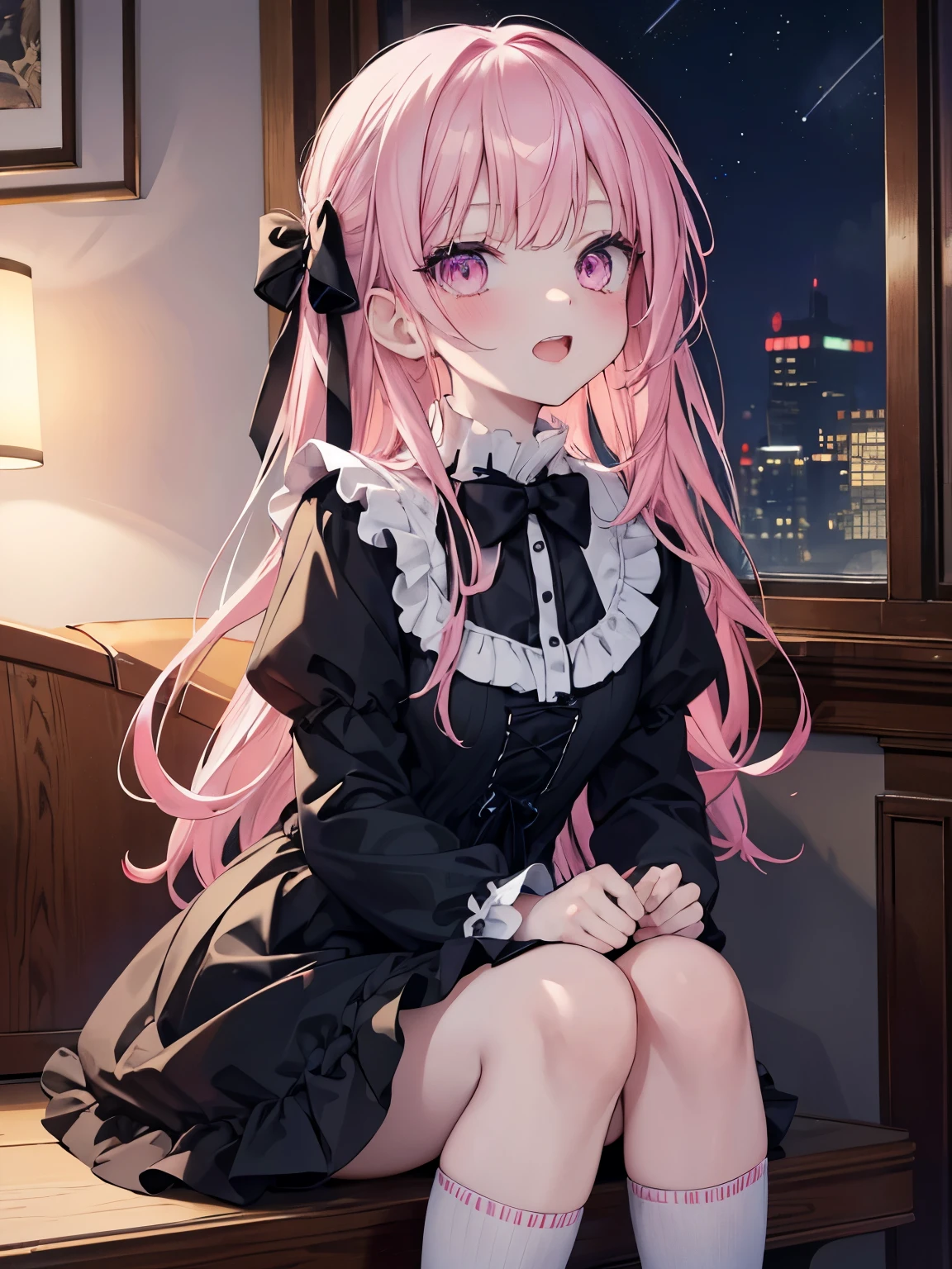 masutepiece, Highest Quality, (Perfect face:1.1), (high detailing:1.1), (ultradetailed eyes), Dramatic, superfine illustration, Extremely detailed,1girl in, teenager,(pale skin), Happy, Laugh, Enjoy,Open mouth,gloweyes,pinkhair,straight hair,Ethereal eyes, pink eye,blush, Solo,Pouty lips,Cinematic lighting, upper body,looking up, leaning forward,Long sleeve, Gothic lolita, frilld, bow ribbon,knee high socks,indoor,(night)