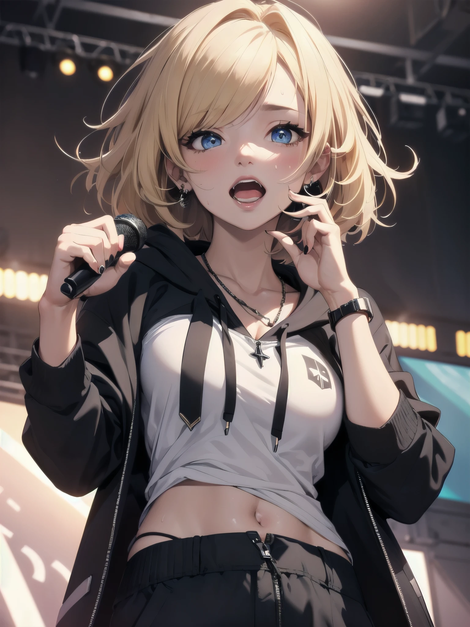 (masterpiece:1.3), high resolution, ultra detailed, extremely detailed CG unity 8k wallpaper, realistic, photo-realistic, RAW photo, beautiful detailed face, beautiful detailed eyes, realistic glistening skin, detailed cloth texture, detailed hair texture, Perfect body, accurate, Anatomically correct, Highly detailed face and skin texture, natural neck length, (beautiful hand), (colorful spotlights)
BREAK,
1 girl, (blonde hair), (middle bob hair), (glory blue eyes), (Glossy lips), (Fair skin), (open mouth), (sweating:1.1),
BREAK,
female rapper, ((gray hoodie:1.2), under black coat), (Salwar pants), (chain necklace), (scream shout rap with a microphone on stage), (live performance:1.3), (live concert venue), (dynamic pose), (dynamic angle), looking viewer, (rapper pose:1.3), A lively venue