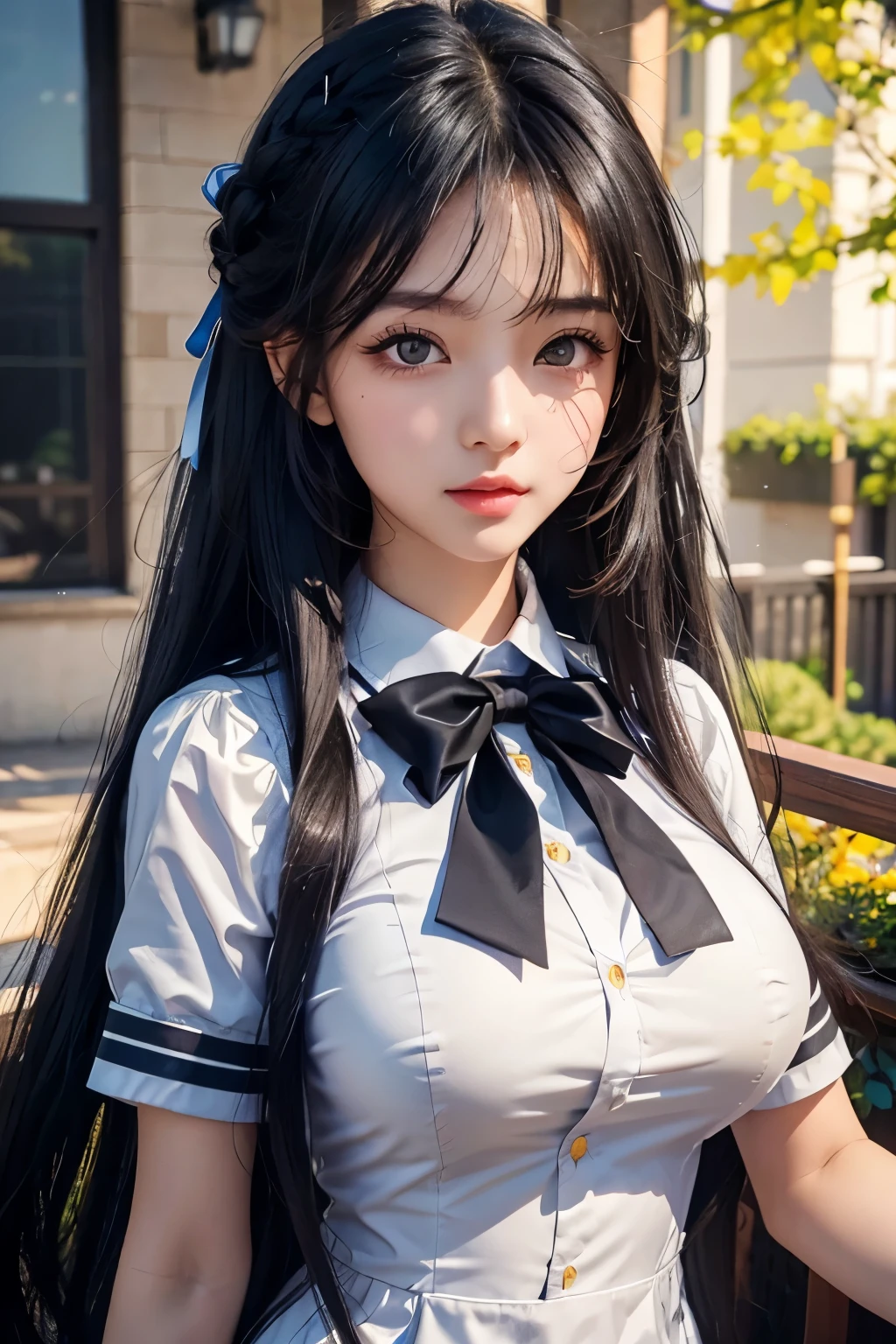 Bright expression、Best quality、超High resolution、Detailed cute and beautiful face、19 years old、Attractive bright natural、Smoother hair、Long black hair、Bright and beautiful big black eyes attractive glow、school uniform with blue ribbon 、eye liner、Double eyelids、big breasts.