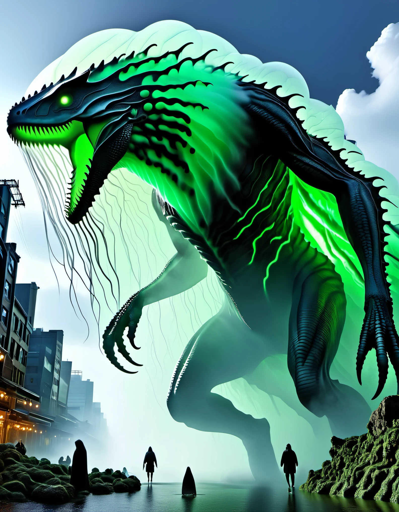 Giant creatures, floating above the city, the body of lizards, humans, and monsters is huge, like a huge white cloud, with eyes shining with wisdom. Its body is surrounded by a strong human body surrounded by a large amount of white and black mist, connecting the sky and the earth. In the hustle and bustle of the city and the thick mist, the body of the creature is tall in the sky, wrinkled, lumpy, scaly, covered in a hooded lid, Webbed Feet webbed tentacles, Incomplete wings, Gills cheeks, biochemical mutation nuclear bizarre, bioluminescent bioluminescence, Ito Runji, ancient prophecy, extraterrestrial origin, microbiology, (green phosphorescence), camouflage, translucent resin wave shape, moss, 3D rendering, ultra-high definition, complex details, weathered materials, luminescence,
Background: Looking up from below,