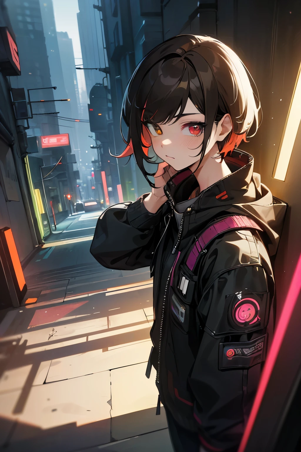 (artwork:1.2), (masterpiece:1.3), (best quality:1.2), (best artist:1.2), (indirect linear lighting:1.3), (best desinger:1.3), (Wlop:1.1), (extremely detailed CG 8k unit wallpaper), (1boy), short brown hair, (multicolored eyes+heterochromia:1.5), wearing clothes (cyberpunk electronics:1.2), (futuristic city background:1.3), highlighting multicolored eyes with heterochromia.