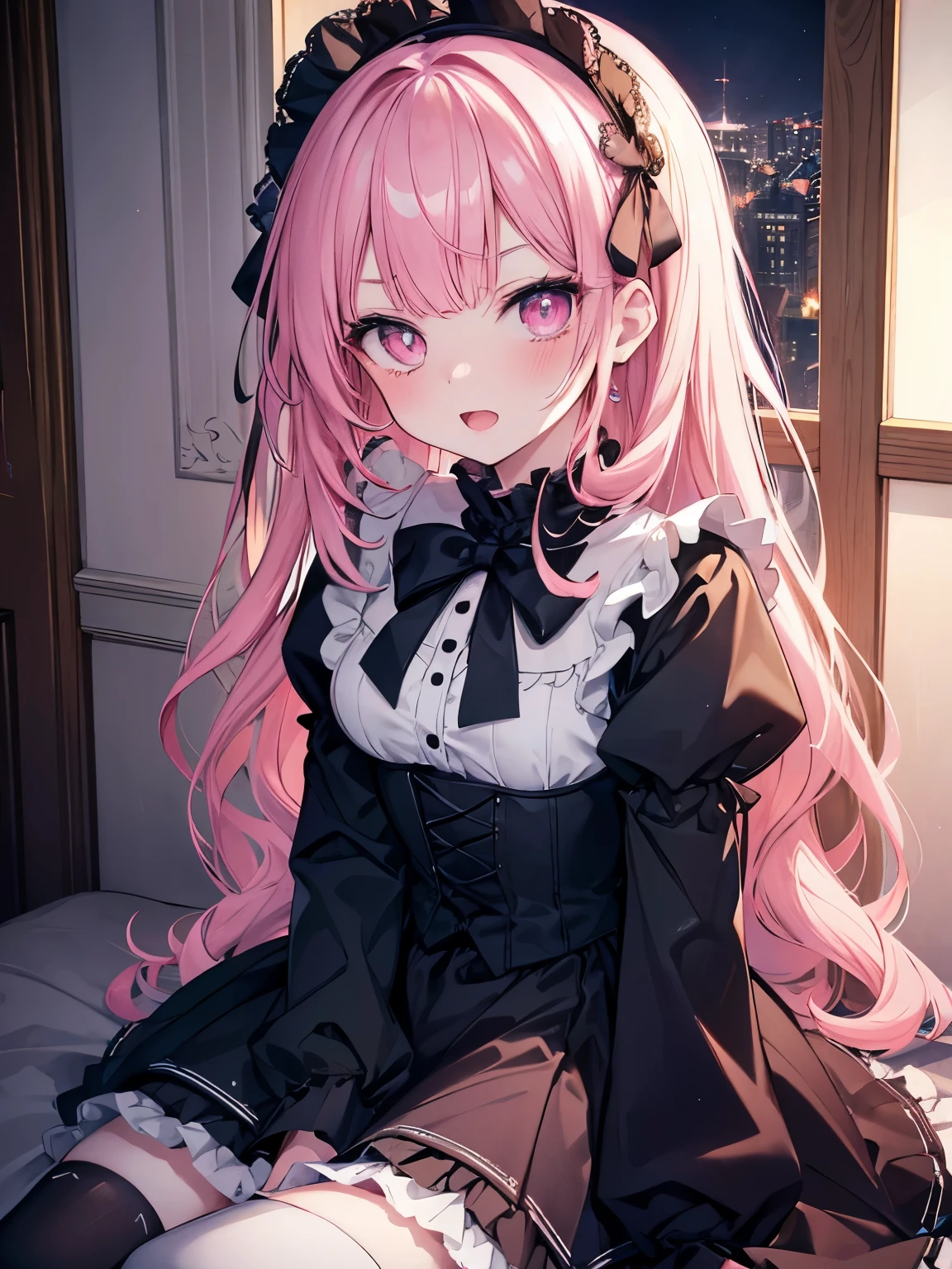 masutepiece, Highest Quality, (Perfect face:1.1), (high detailing:1.1), (ultradetailed eyes), Dramatic, superfine illustration, Extremely detailed,1girl in, ager,(pale skin), Happy, Laugh, Enjoy,Open mouth,gloweyes,pinkhair,straight hair,Ethereal eyes, pink eye,blush, Solo,Pouty lips,Cinematic lighting, upper body,looking up, leaning forward,Long sleeve, Gothic lolifrilld, bow ribbon,knee high socks,indoor,(night)