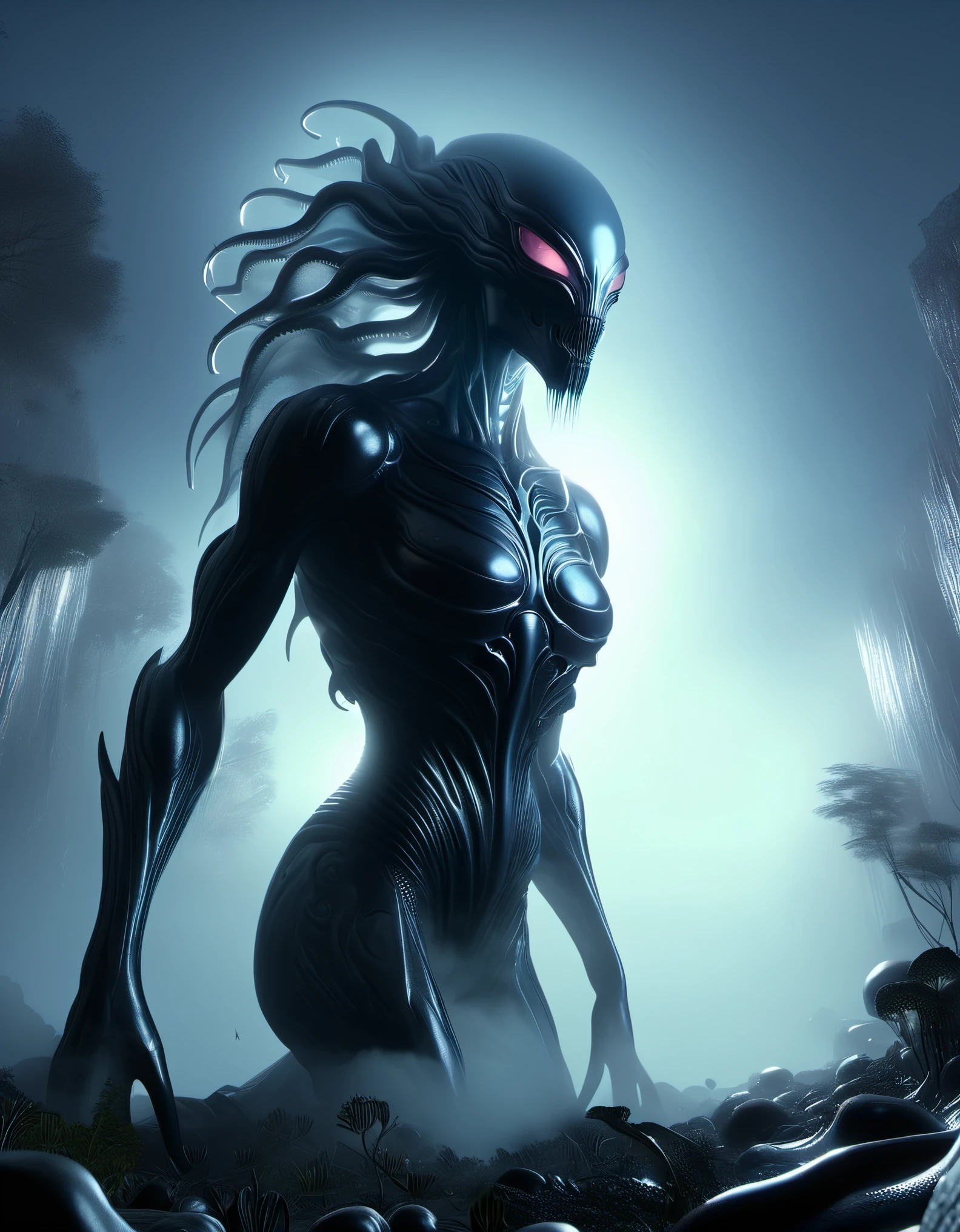 Looking up, (giant transparent alien creature), 3D game ，Inspired by《Alien》，HR Giger Giger，Mutant mutant，Mutation mutation，Aberration Distortion,toxic waste sites，Biological Labs ,Dense fog fog，Overgrown Vegetation过度生长的植被/Eerie Silence Eerie silence，tumor，slime，ScaleReflective, high detail, surreal, 3D rendering, explosive coverage, bokeh, Dense fog, fog, from below, upside down, chiaroscuro, UHD, masterpiece, super detail, high details, high quality, award winning, best quality, highlights, 16k