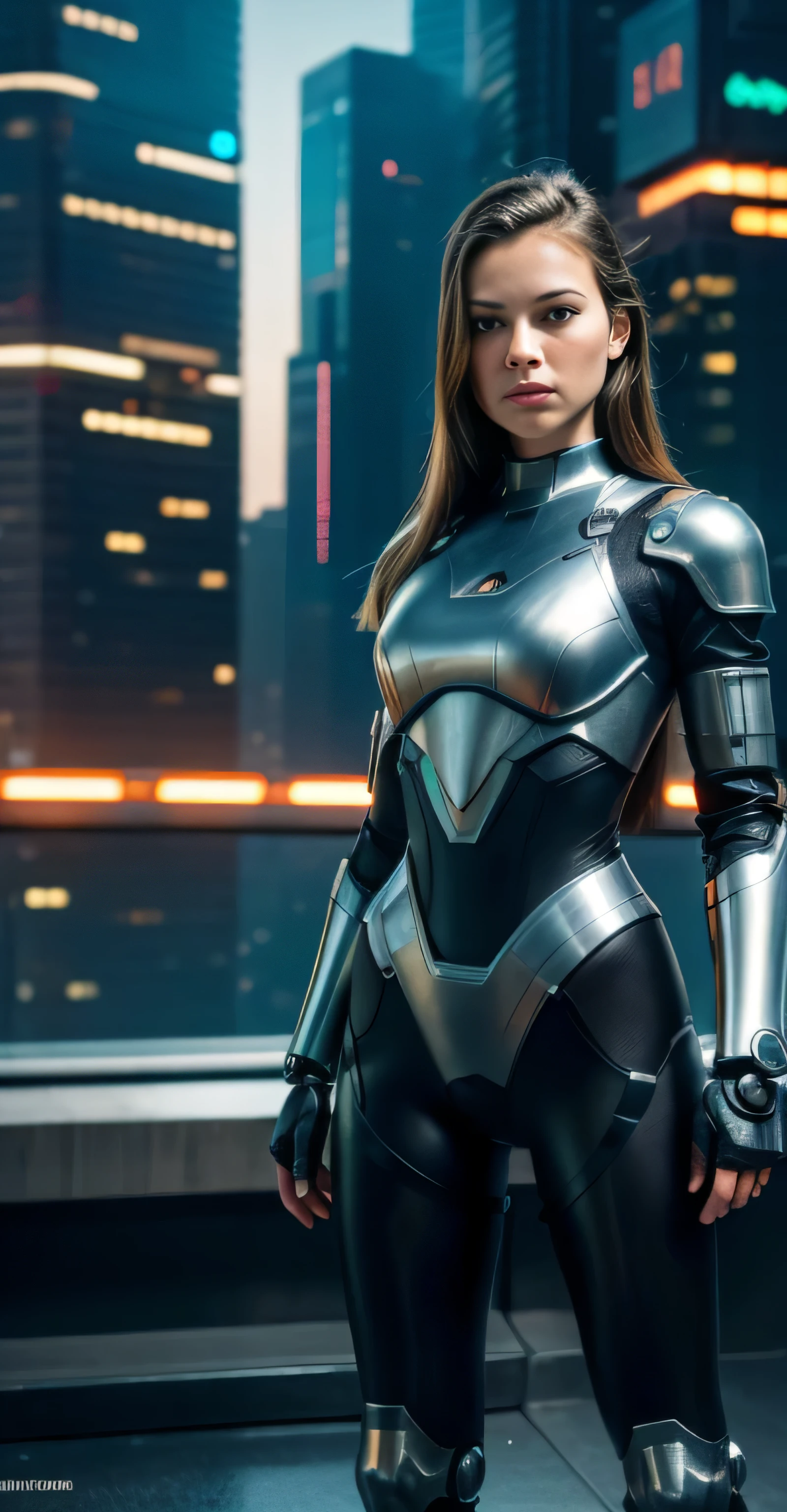 ((masterpiece, 8K, 3D, Realistic, Super Detail)), (1girl:1.3), slender 17 age, Ultra Micro photography, Super realistic, Perfect face, Beautiful features, ((Perfect female body)) Beautiful features, ( body), ((small hip)), Melissa Benoist as (((2 piece Armors))), Sci-fi futuristic cyberpunk ((bionic orange chest metal armor suit)), Futuristic soldier, ((Exposed thigh)), Exposed Skin, Front Full body Shot, full body portrait, futuristic city background
