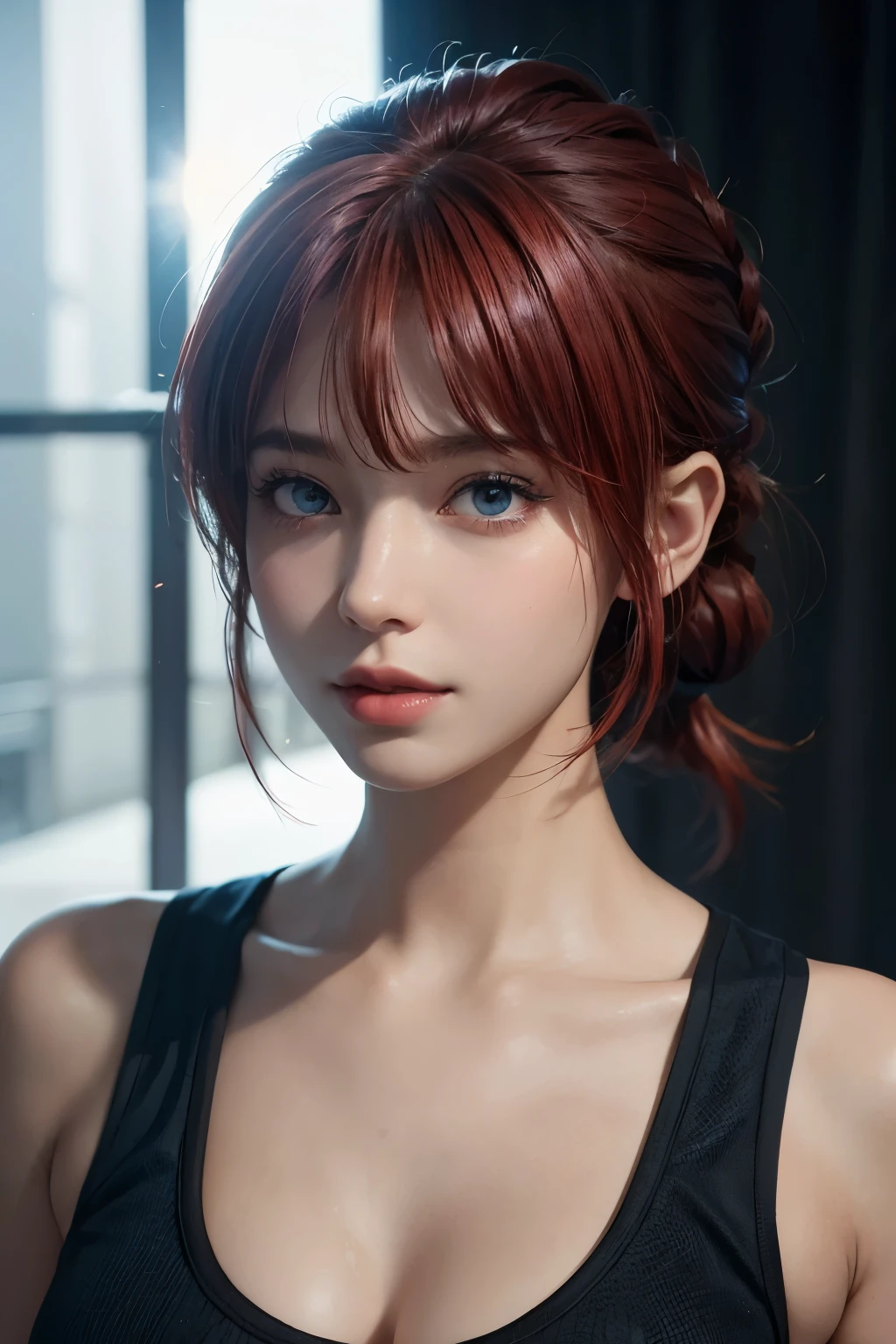 photo-realistic, surreal, cinematic lighting, 32K, 1 girl , japanese , look up, Backlight, (bright light:1.2), (Improvement of quality:1.4), (Highest quality realistic textured skin:1.4), detailed eyes, blue eyes , detailed face, shy smile, close up of face, short hair, (red hair:1.3) , short hair , (solo braided ponytail) , ((bangs)) , bumpy bangs , Thick , large breasts , pink sports bra , (Enhances the beauty of skin texture:1.1), matte texture